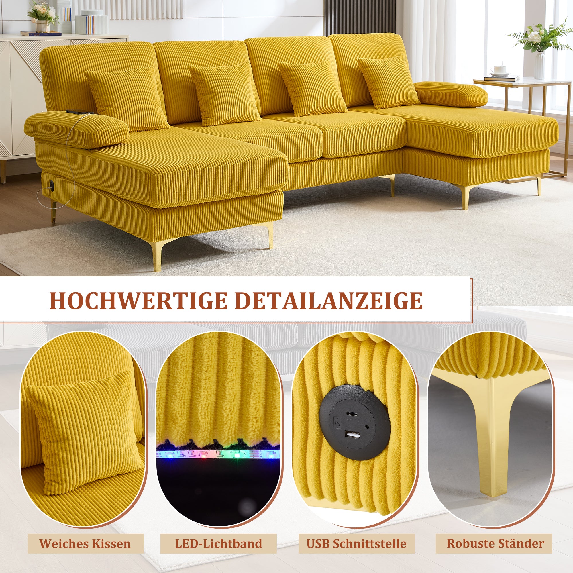 U-Shaped Sofa, LED Ambient Lighting & USB-C Port, Yellow