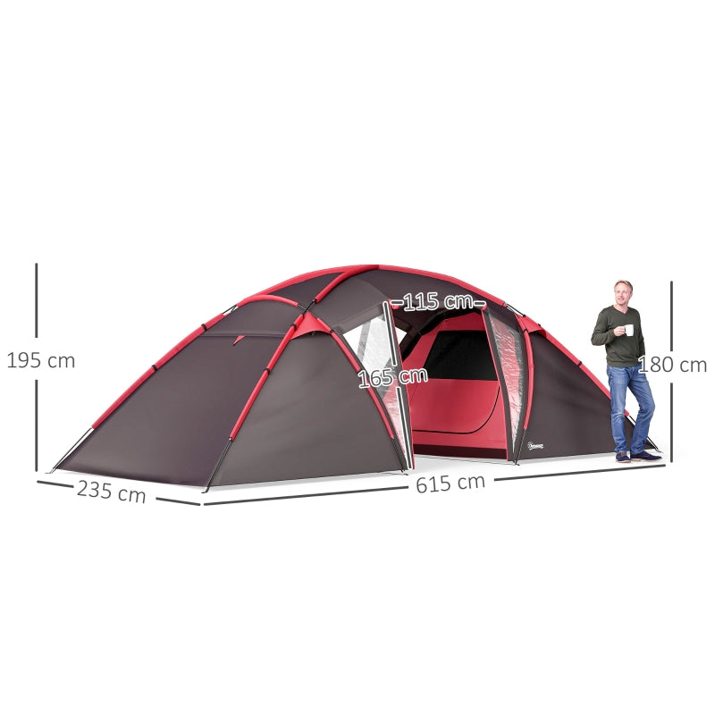 Tunnel Tent Camping Tent for 4-6 people, 3 rooms, double doors, water-repellent, Grey