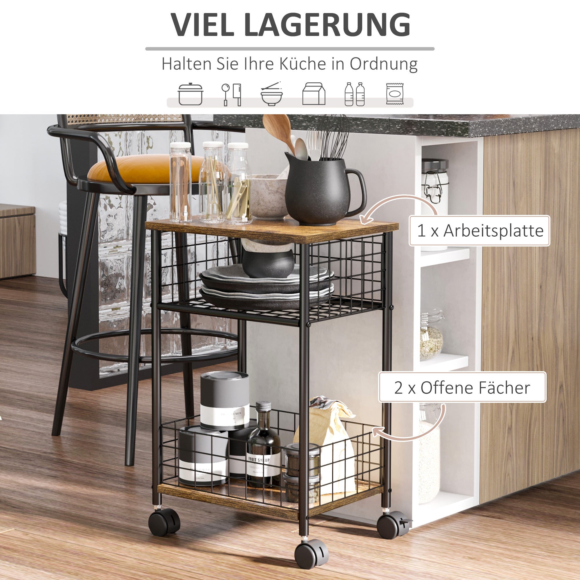 Kitchen Cart with Worktop, 2 Storage Baskets, 360° Swivel Casters, Rustic Brown