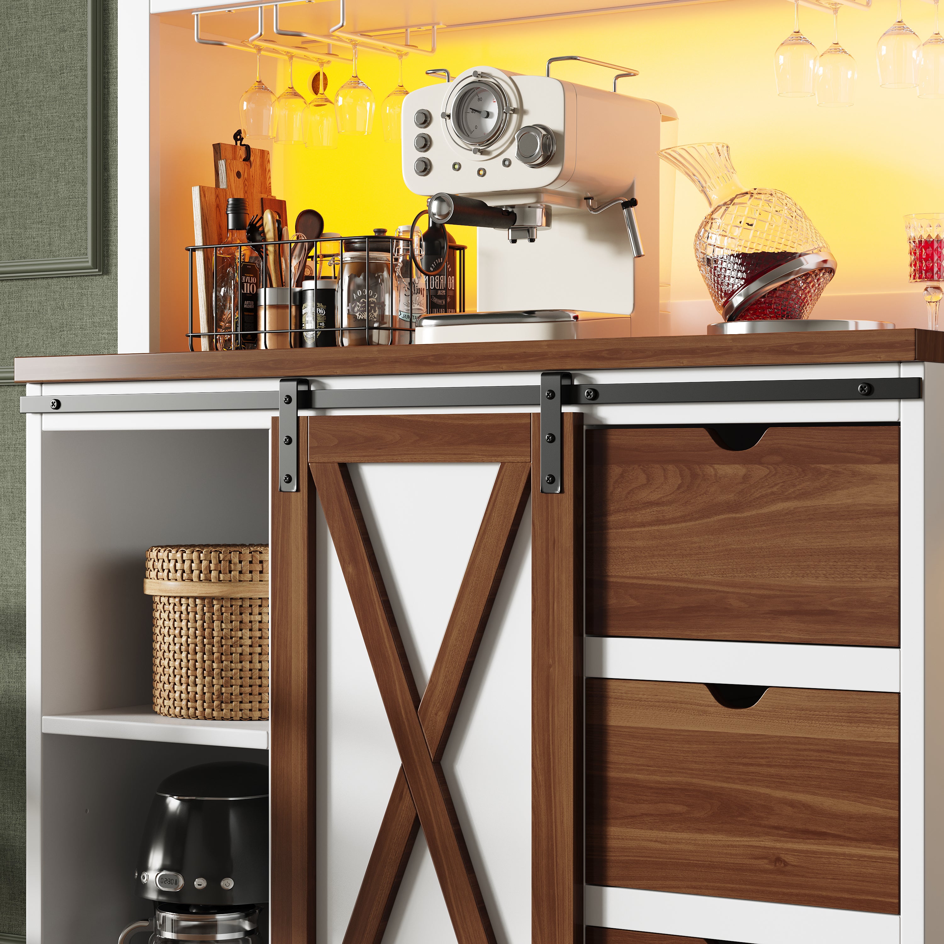 Modern Tall Cabinet with LED Lighting, App Control and Sliding Door, White