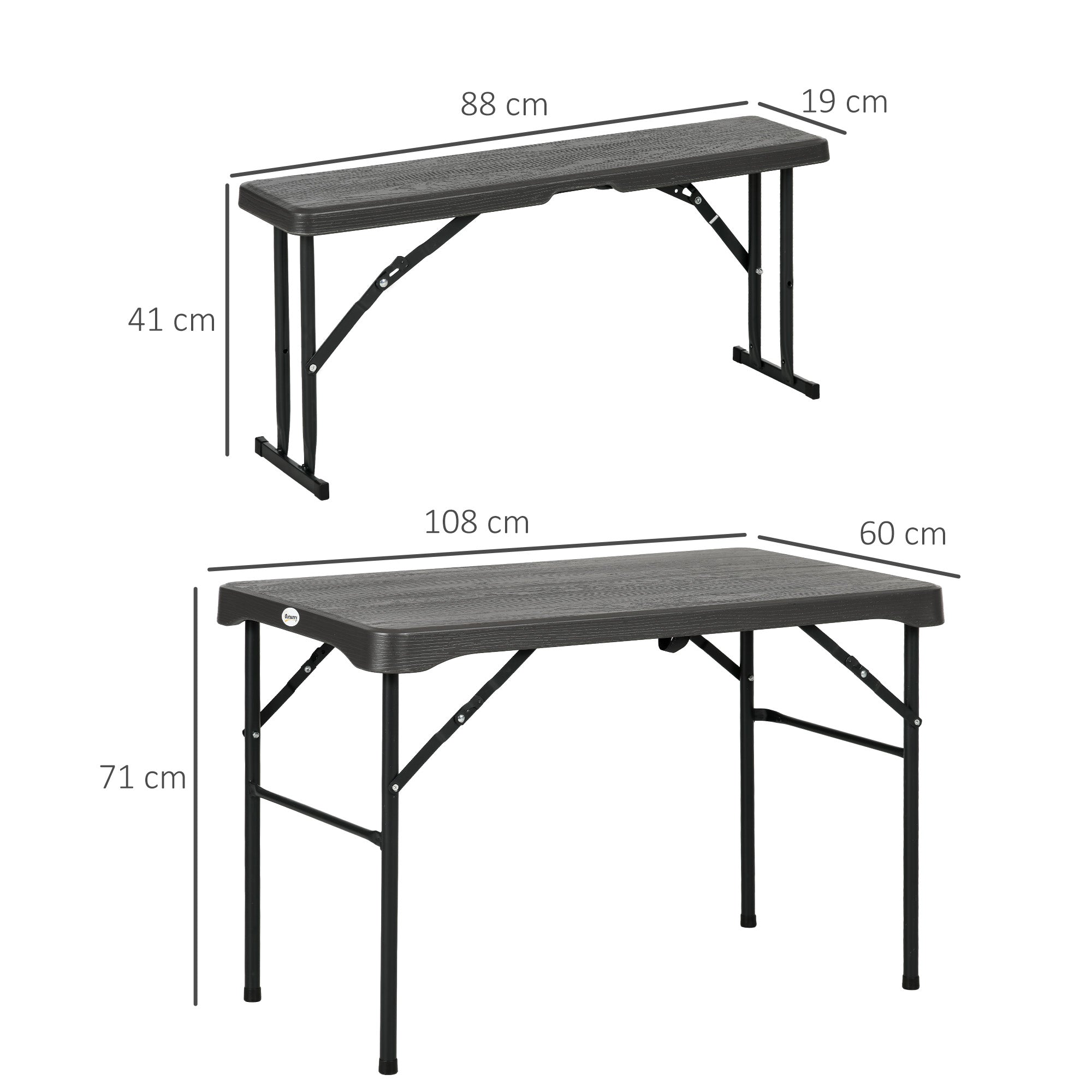Folding Picnic Table Set, 3-Piece Portable with 2 Benches for 4, Steel/Dark Grey