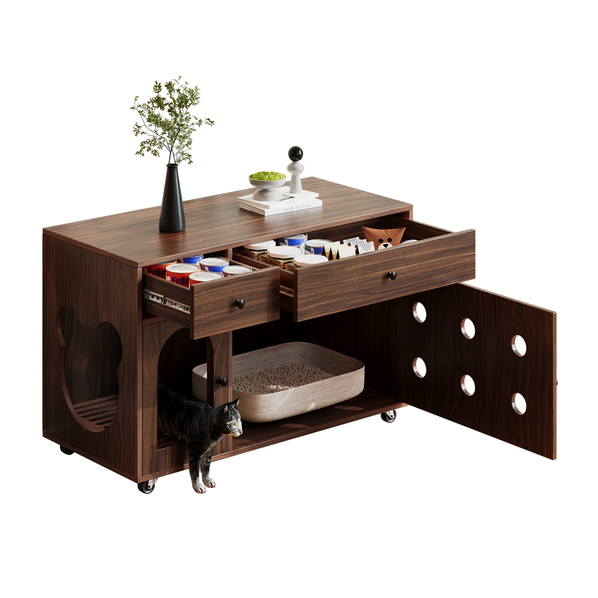 Cat Litter Box Cabinet Mobile Odor-Insulated Removable Sand Drain 100x45x66 cm - Walnut Color