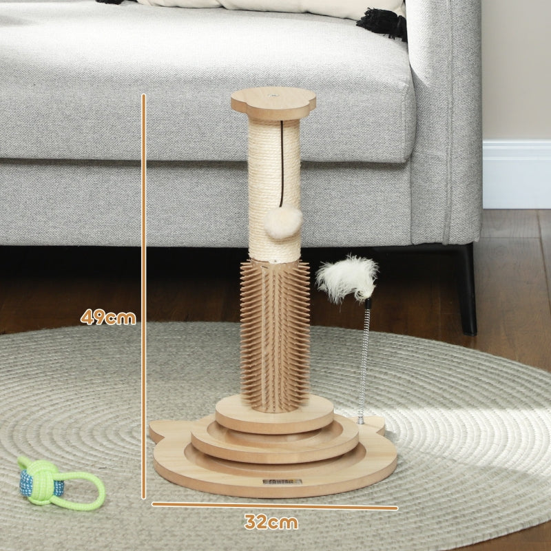 Cat Scratching Post, 49cm 5-in-1 Sisal Post, Track Ball, Self Grooming Brush, Hanging Toy Ball, Feather, Oak Tone