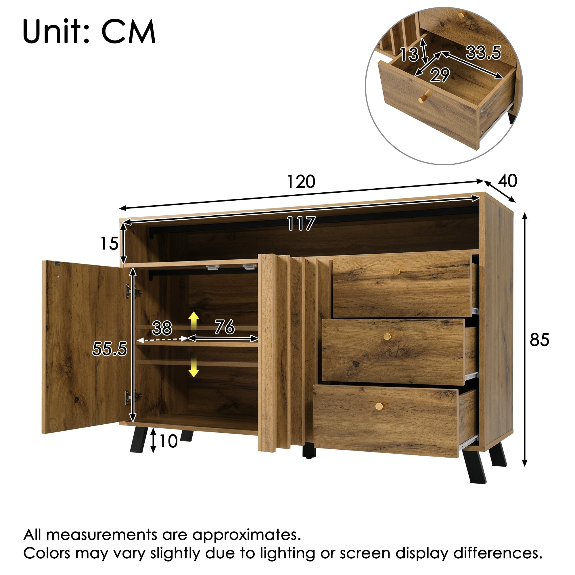Vintage Sideboard Cabinet 3 Drawers 2 Doors Slatted Front 120cm - Dark Oak