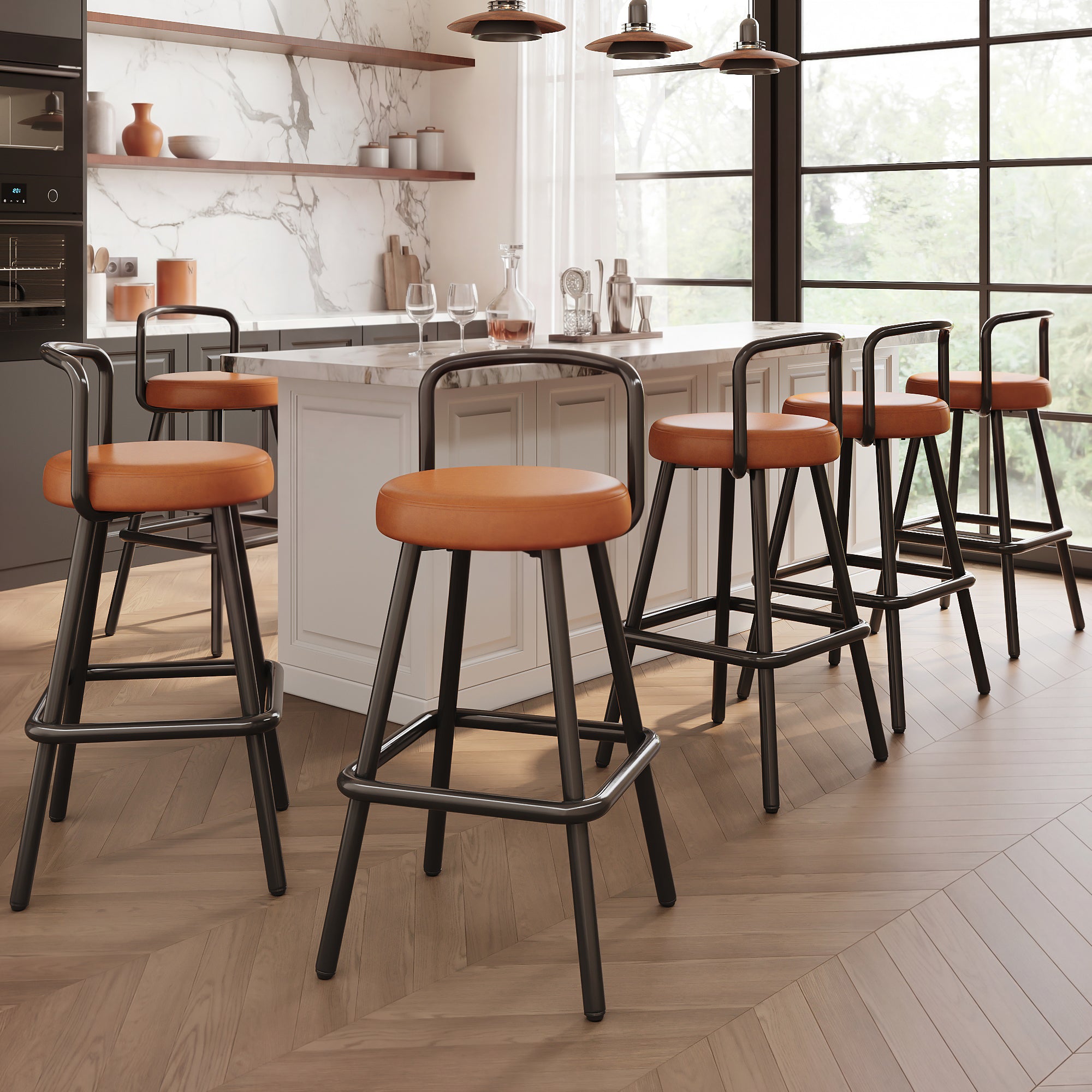Modern Bar Stool Set of 6 with Ergonomic Backrest and Footrest, Brown PU Leather