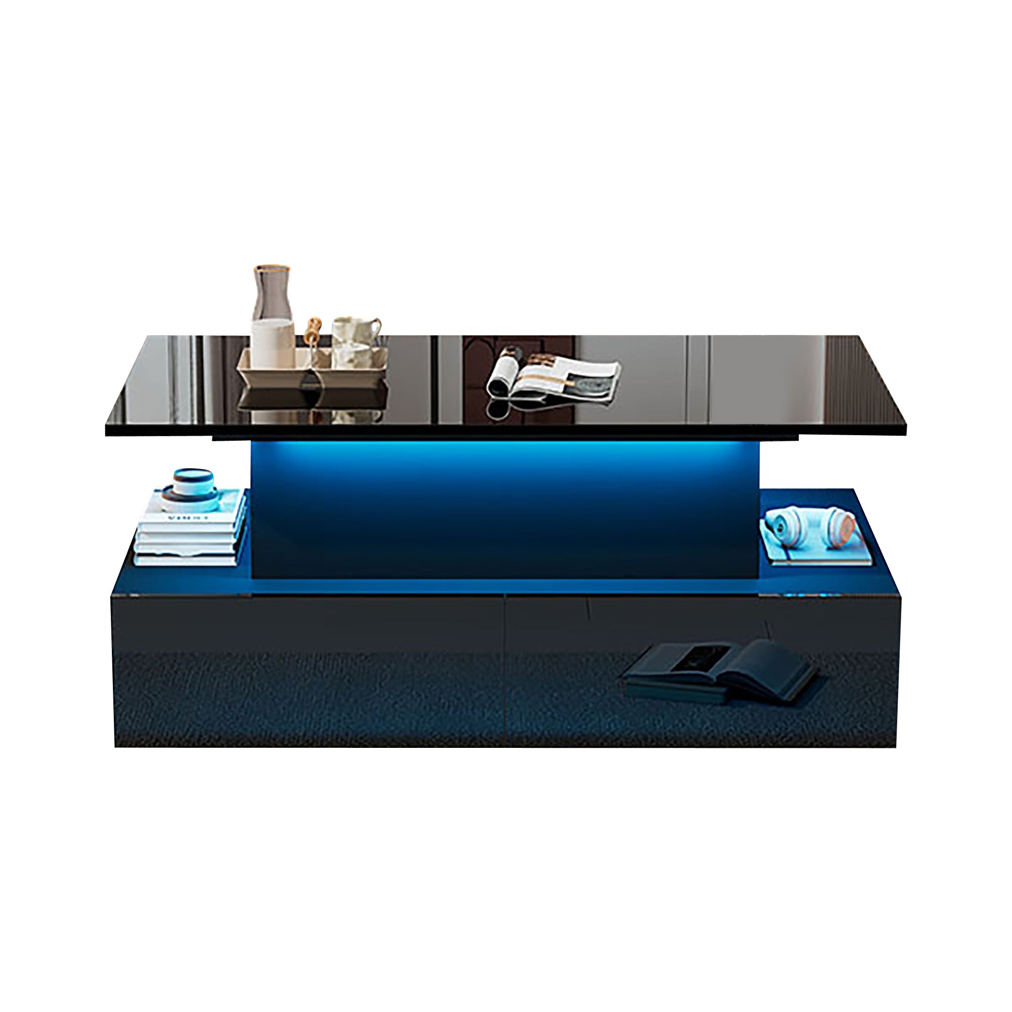 Coffee Table, LED Lit with 4 Drawers, Black High-Gloss