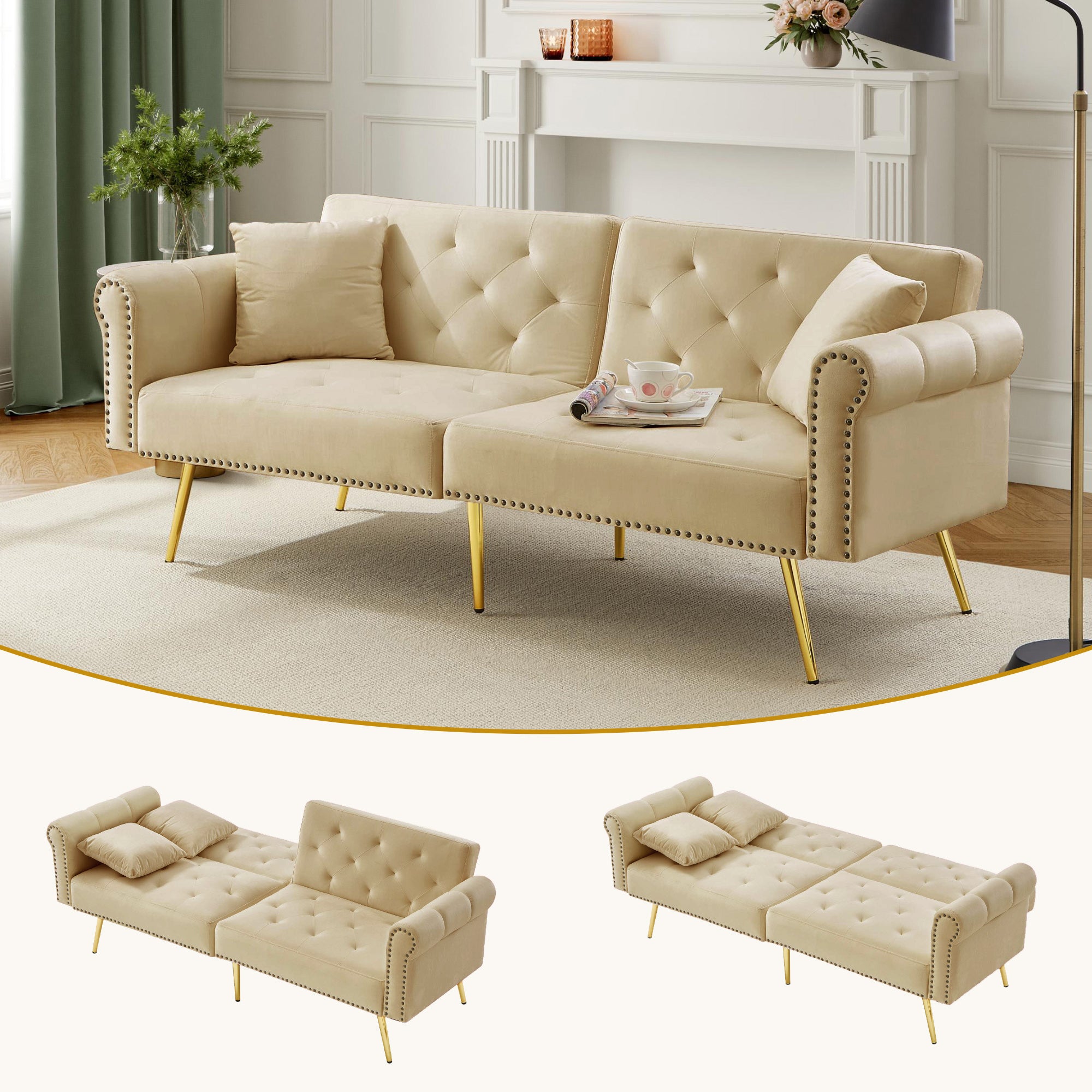 Modern 2-Seater Sofa Bed with 3-Stage Adjustable Backrest, Velvet