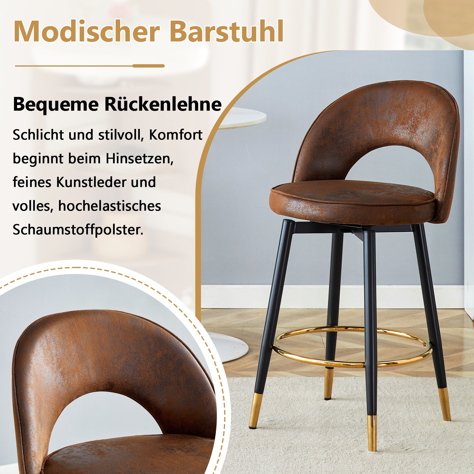 Bar Stool, 360° Swivel Padded Set of 2, Brown Technical Fabric
