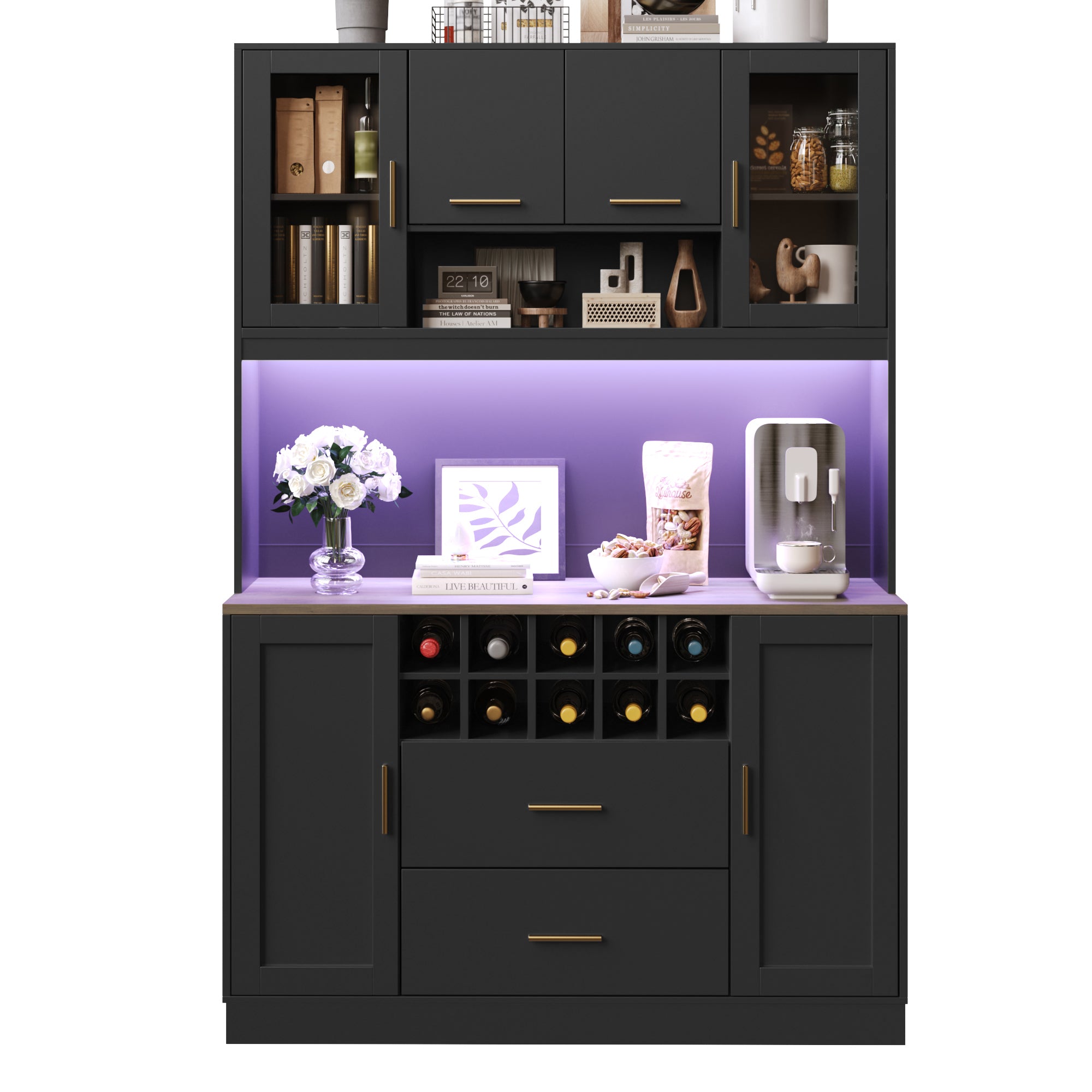 Sideboard with LED Lighting and Power Socket, 6 Doors and 2 Drawers, Black and Gold