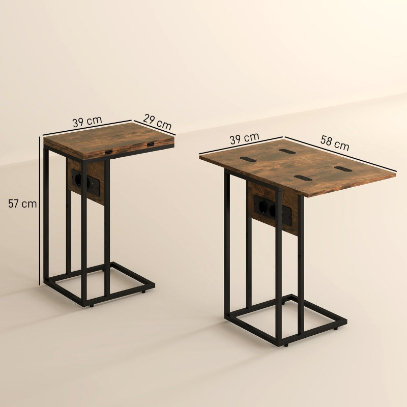 Foldable Side Table, Charging Station USB Ports, Brown Metal