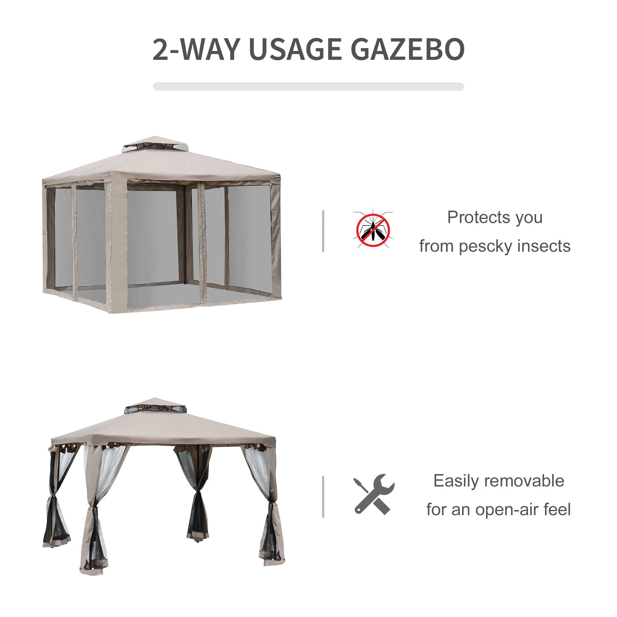 Outdoor Gazebo 2-tier Roof with Netting, Taupe