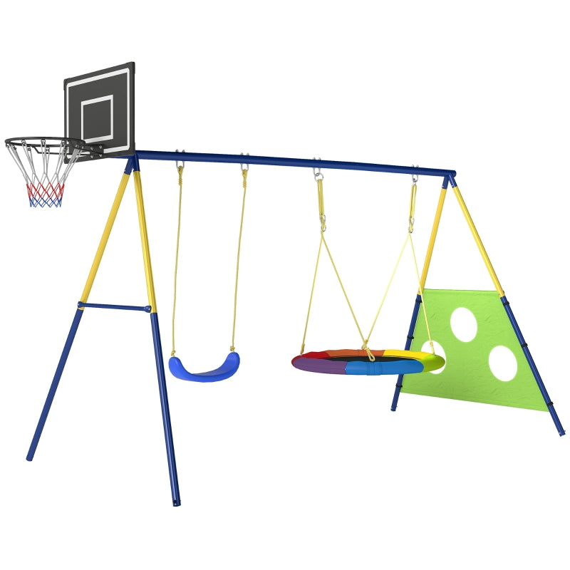 4-in-1 Swing Set with Nest Swing, Basketball Hoop and Football Goal, Metal