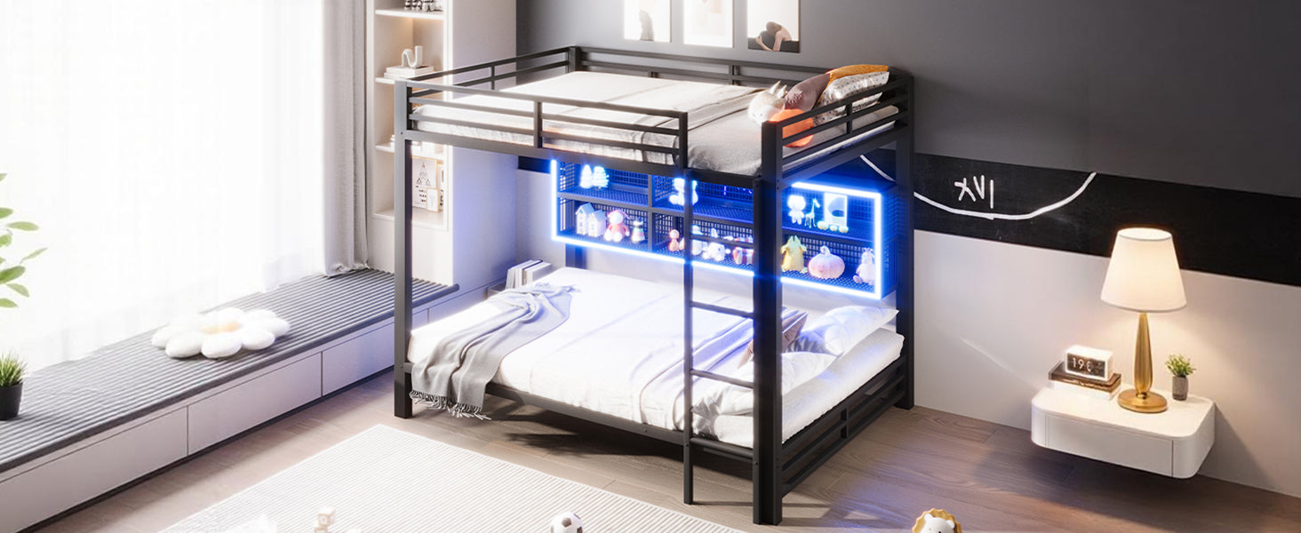 Bunk Bed 140x200 with Storage Cabinets LED Light Black