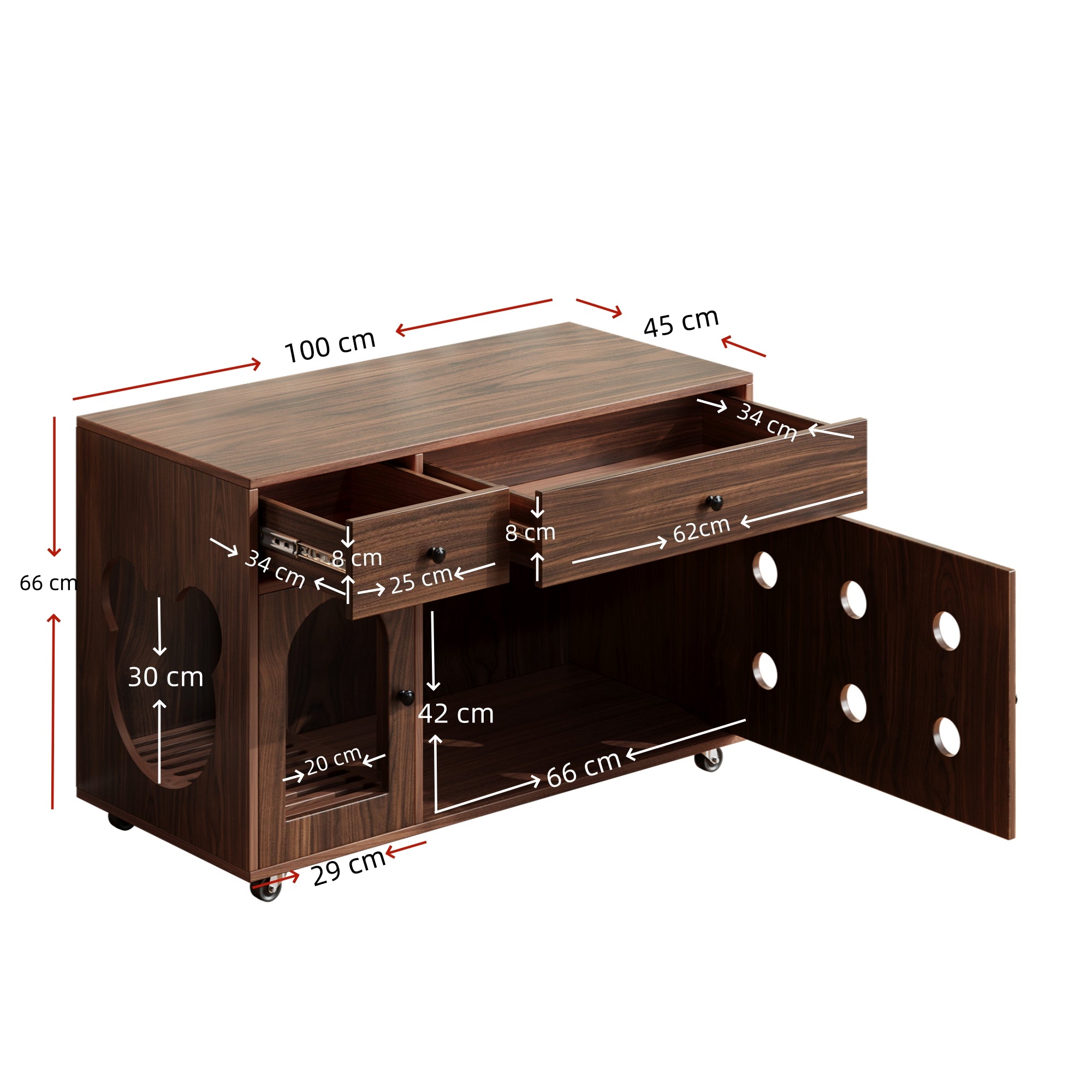 Cat Litter Box Cabinet Mobile Odor-Insulated Removable Sand Drain 100x45x66 cm - Walnut Color