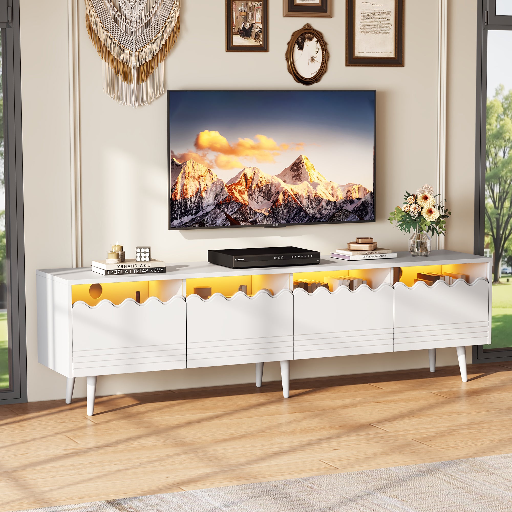 TV Stand, 176x38x45cm Lowboard with 2 Drawers & 2 Cabinets for up to 75 inch TVs, White