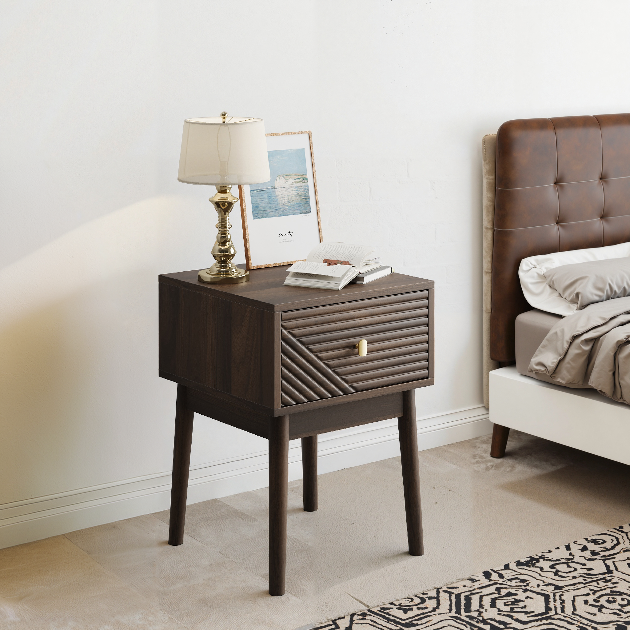 Mid-Century Modern Nightstand 2-Piece Set with Metal Handles - Walnut