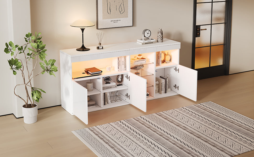 Living Room Cabinet Sideboard 155.5x35x72cm High-Gloss LED 3 Doors White