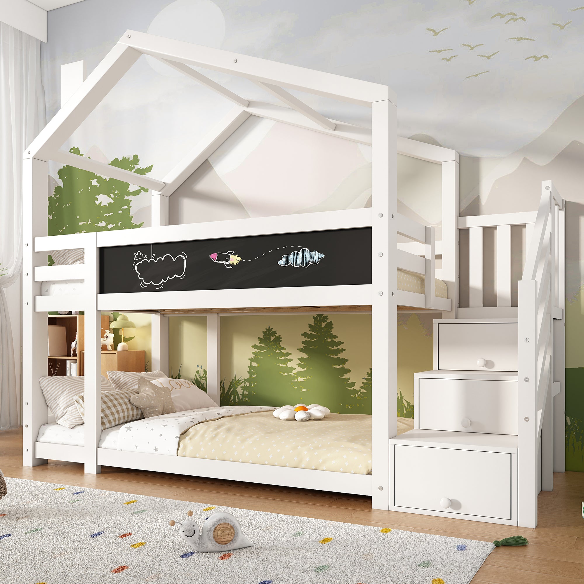 Children's Treehouse Bunk Bed 90x200cm, Storage, Fall Protection, White