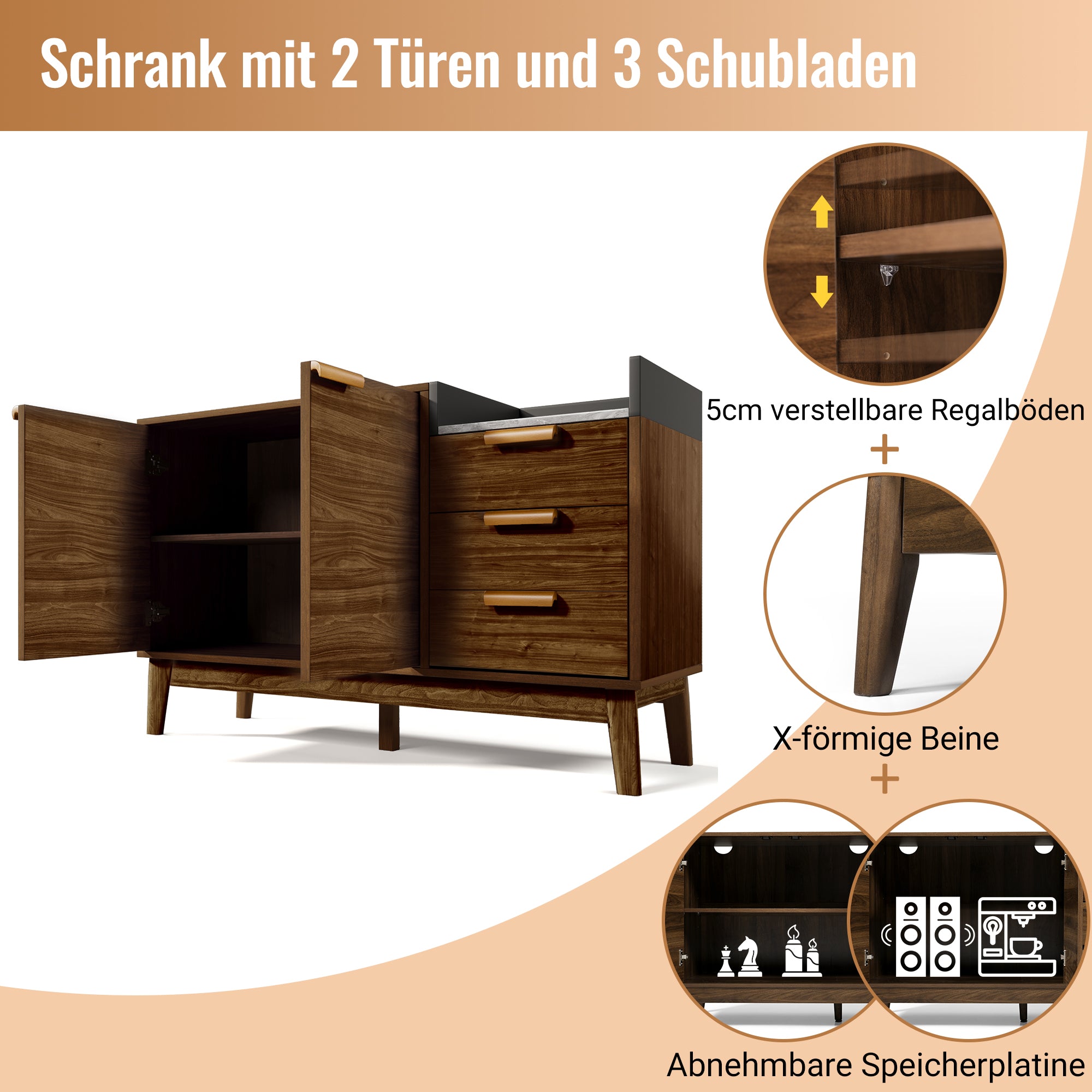 Chest of Drawers, Open Shelf, 3 Drawers & Double-Door Cabinet, Oak with Marble-Effect