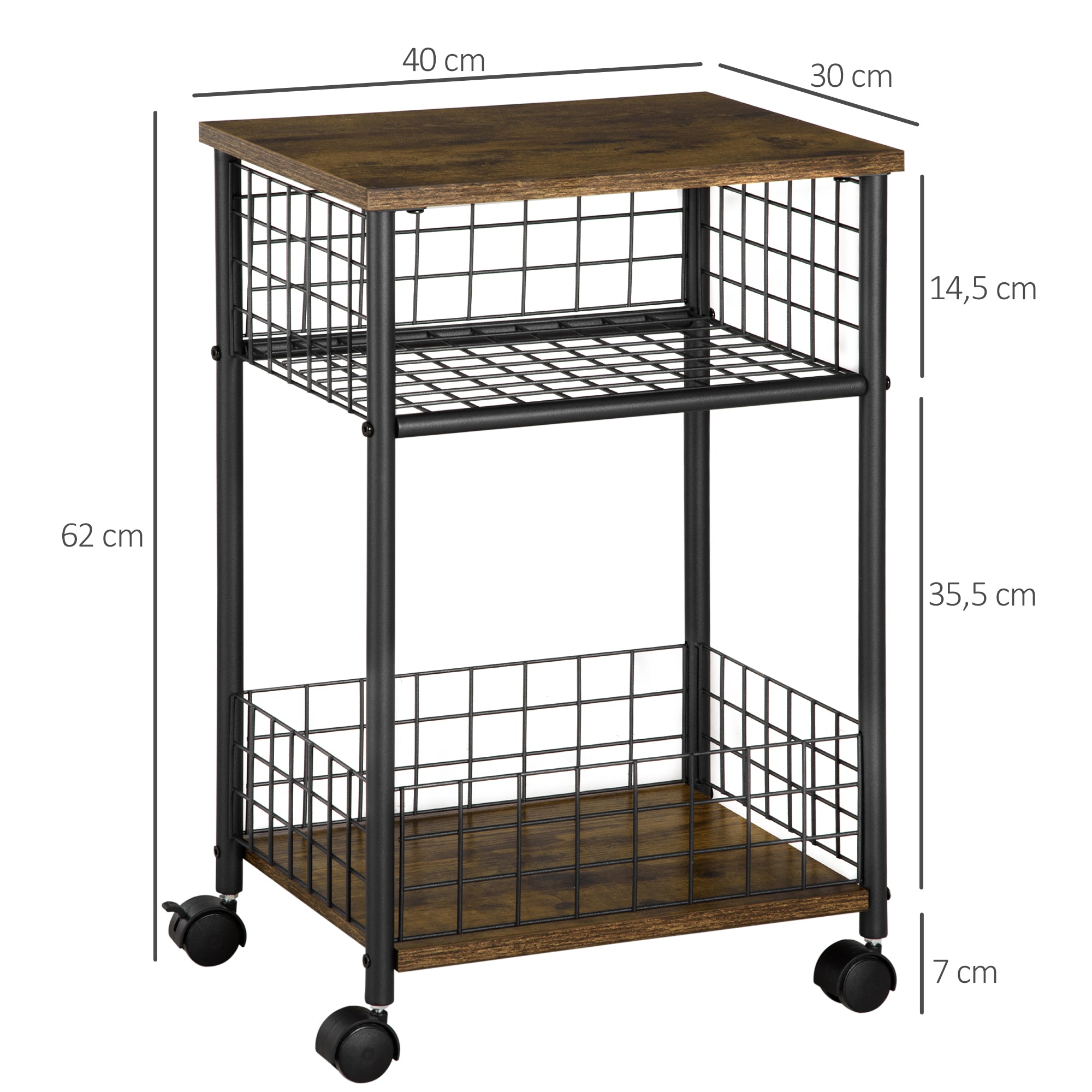 Kitchen Cart with Worktop, 2 Storage Baskets, 360° Swivel Casters, Rustic Brown