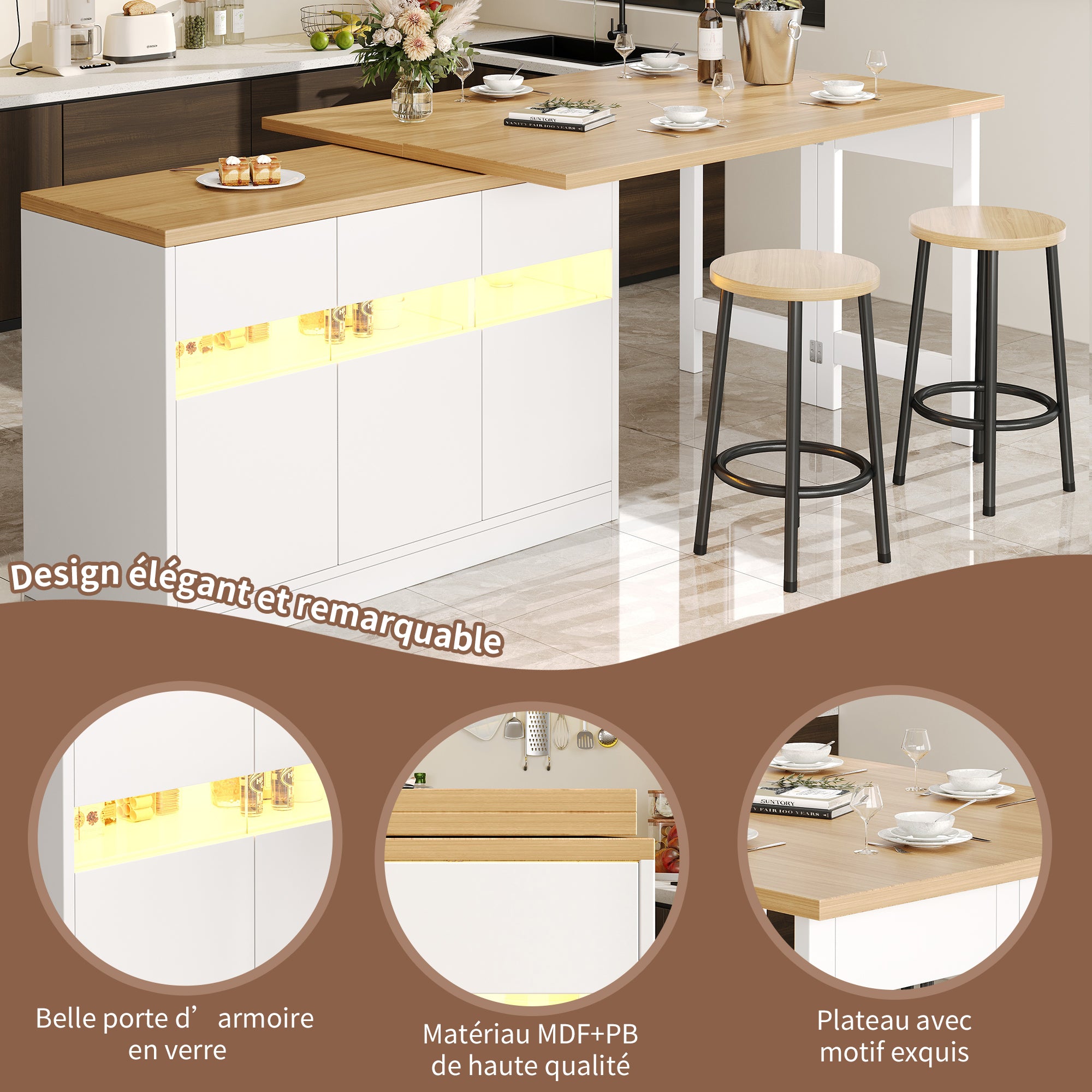 Extendable Bar Table with LED Lighting and 360° Swivel, 120-180cm Adjustable Length, White