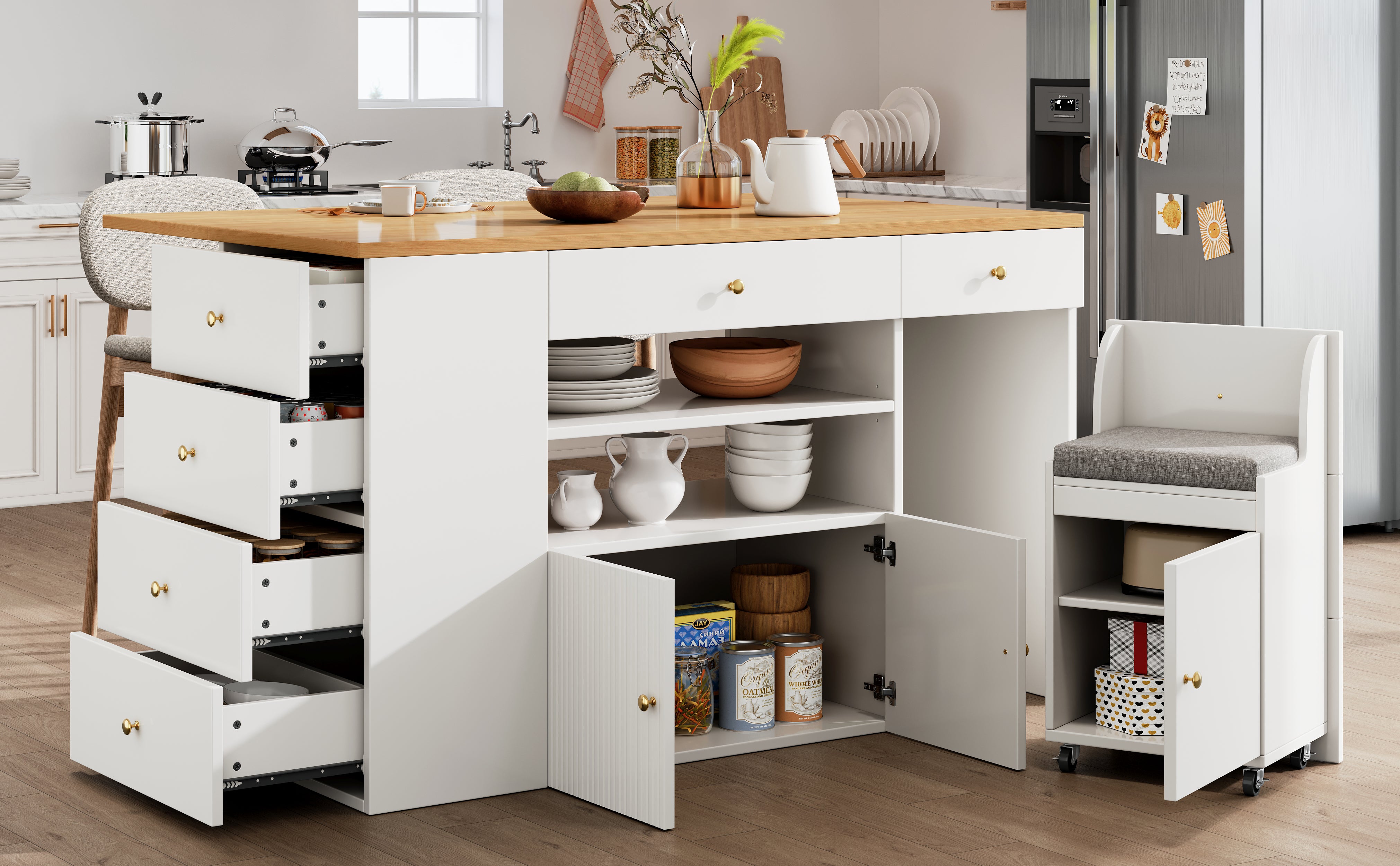 Kitchen Island Sideboard with 6 Drawers and Bar Stools, White and Black