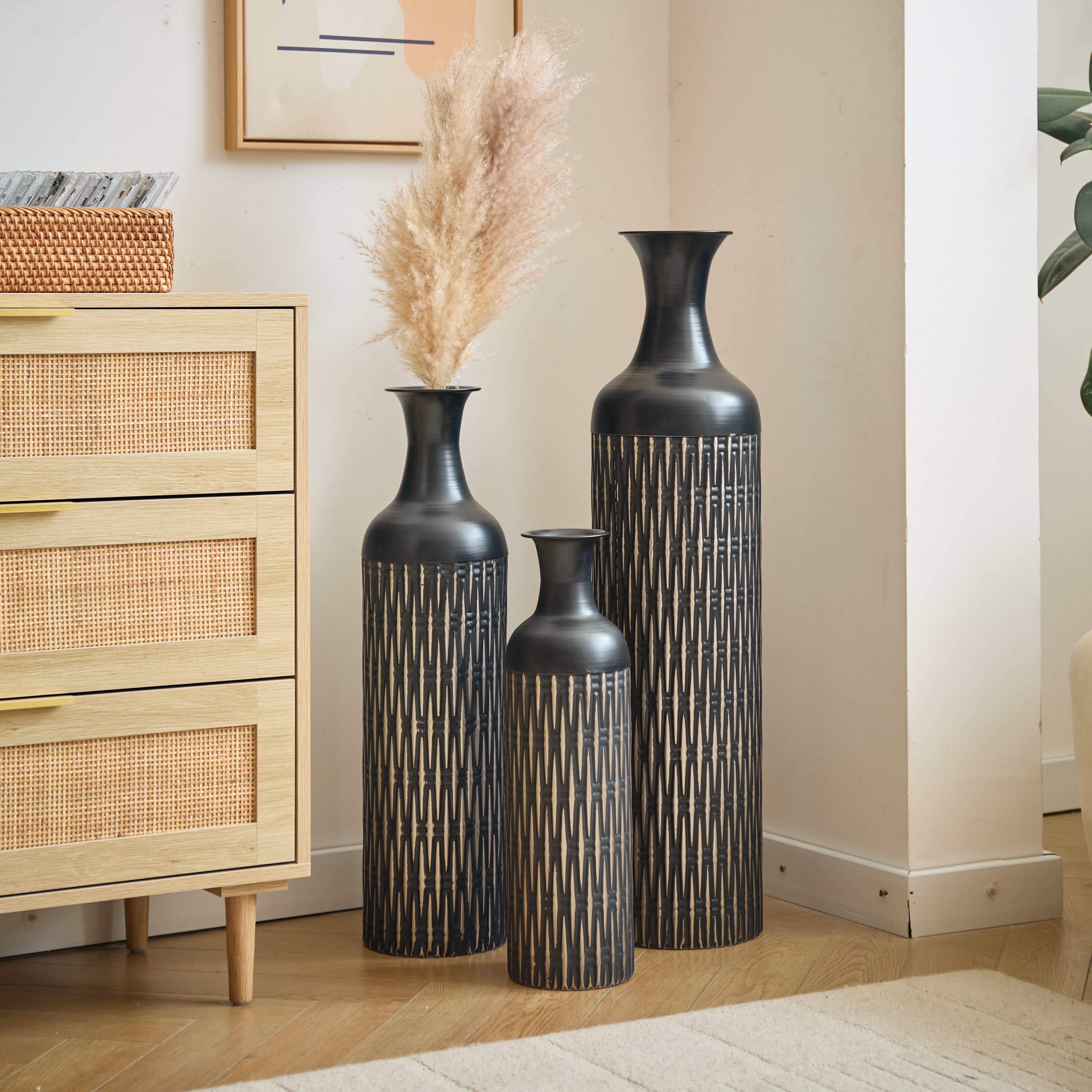 Black Floor Vase Set, 83/65/50cm High 3-Piece Retro Decorative, Metal