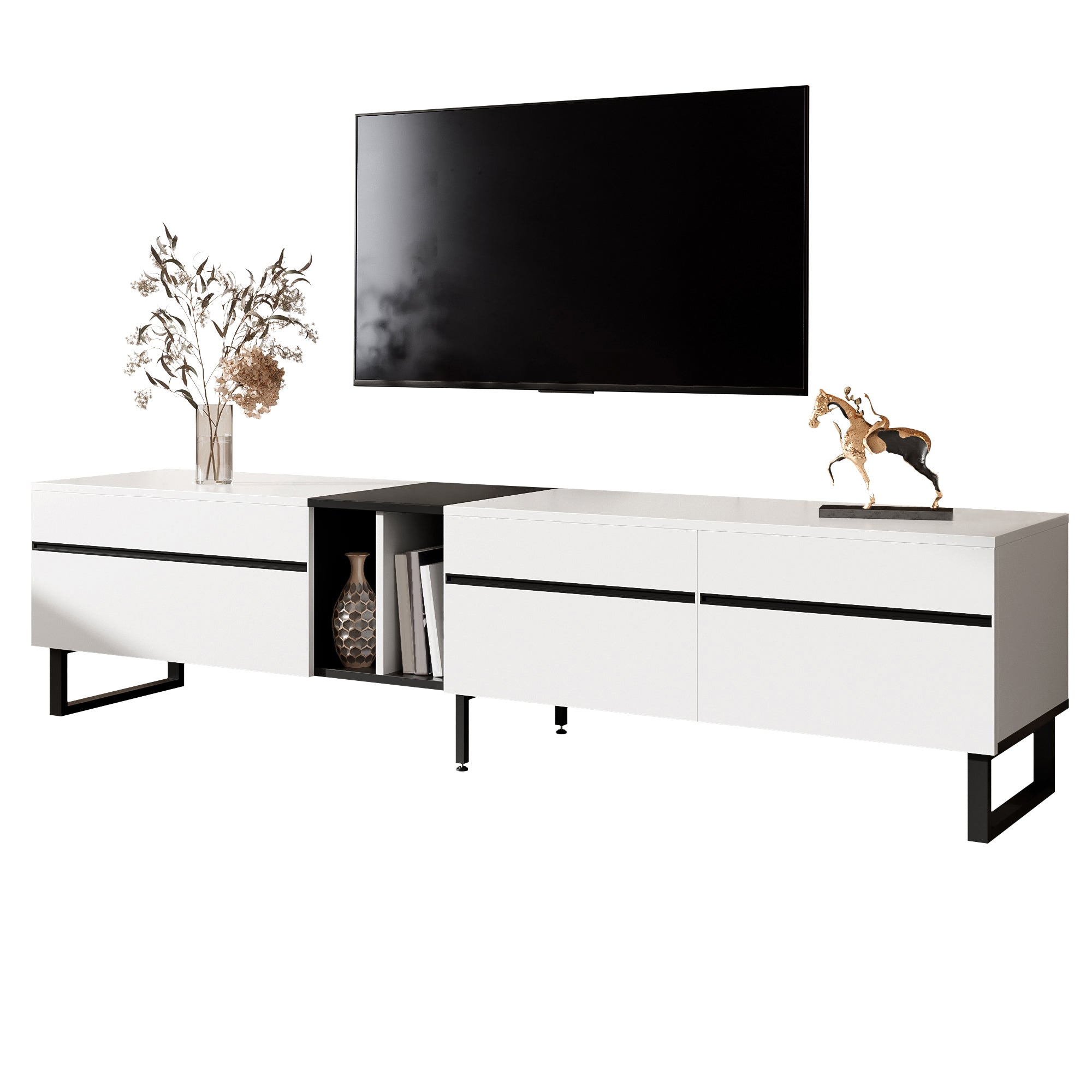 Modern TV Stand 180 cm, Drop-Down/Open Shelves/Double Doors, White