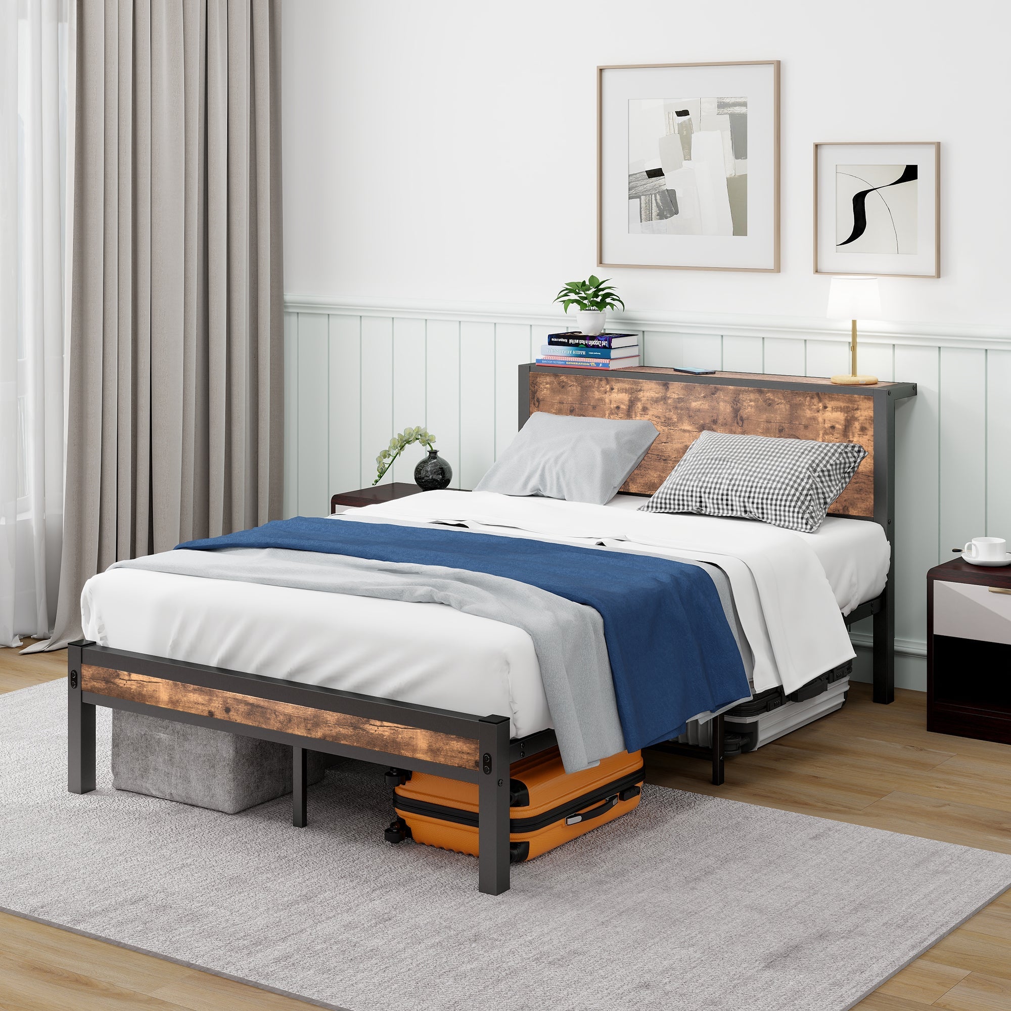 Metal Platform Bed Frame with Storage Headboard, Noise-Free, Vintage Brown