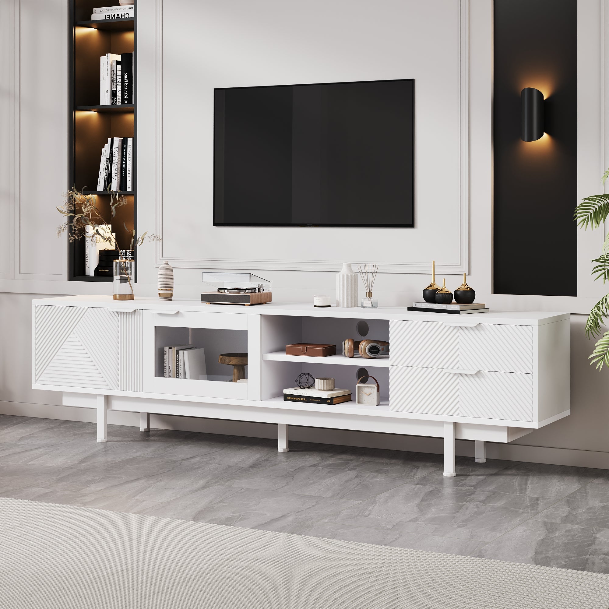 TV Cabinet, Modern Simple 80-inch with 2 Doors & 2 Drawers, White