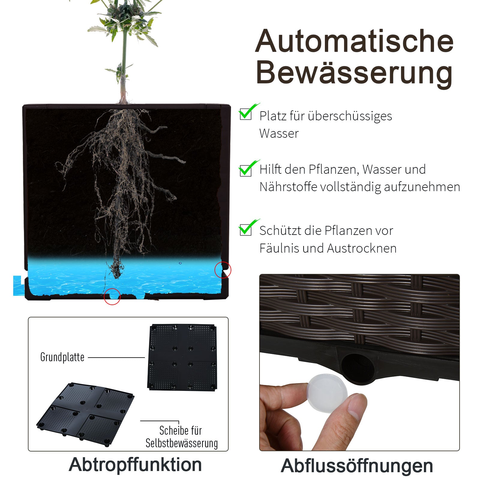 Raised Bed Planter, Rattan Look, 40x40x44cm, PP Brown