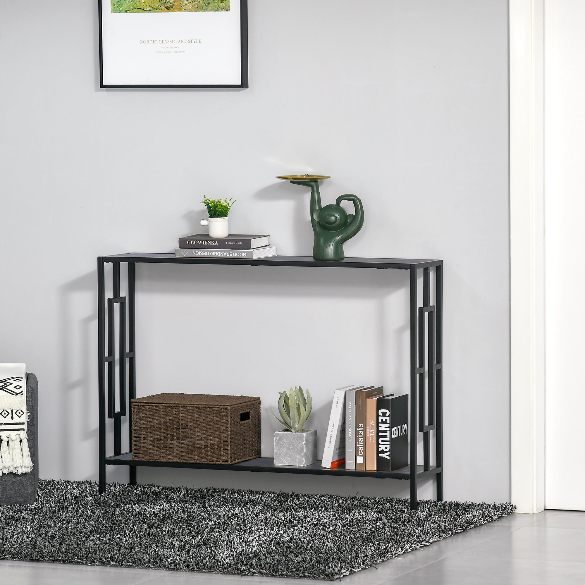 Industrial Console Table, Storage Shelf Narrow Hallway Dressing Desk Metal Frame, Grey and Black