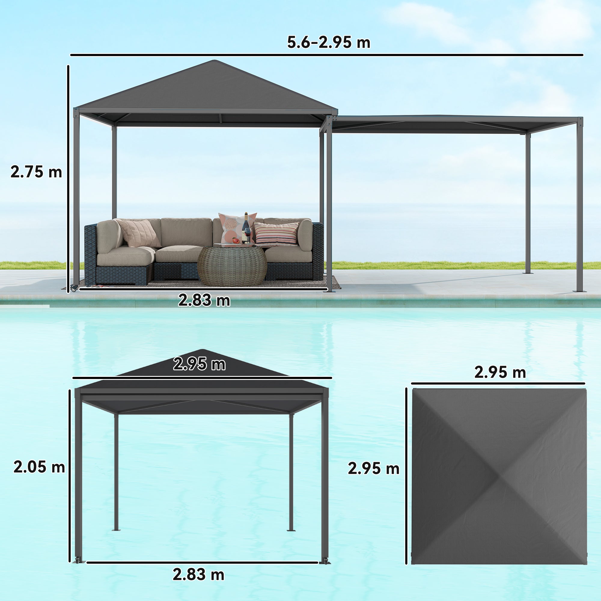 Garden Gazebo, Extendable Awning and Wheels Shelter, UPF30+ Metal Frame