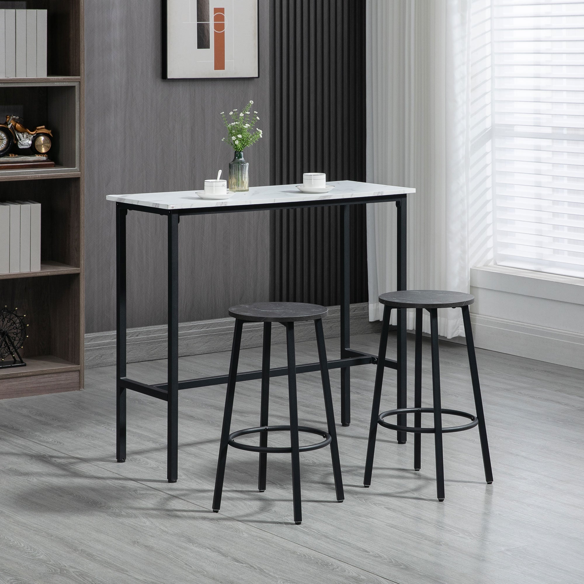 Bar Table & Bar Stool Set, 3-Piece Dining, Steel Black/White