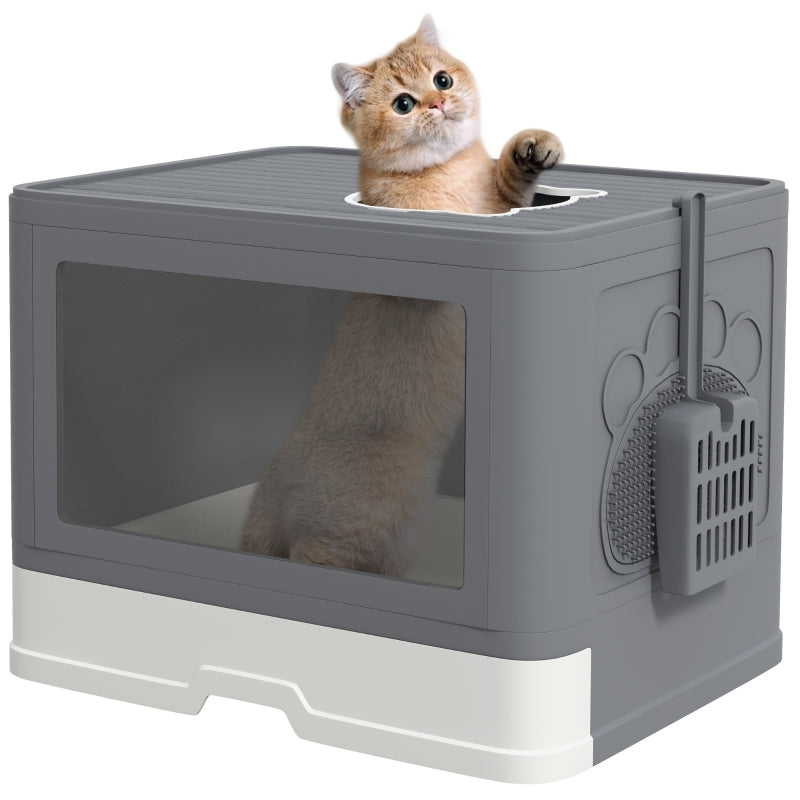 Enclosed Cat Litter Box with Lid, Front Entry, Top Exit, Drawer, Tray, Scoop, Brush - Grey