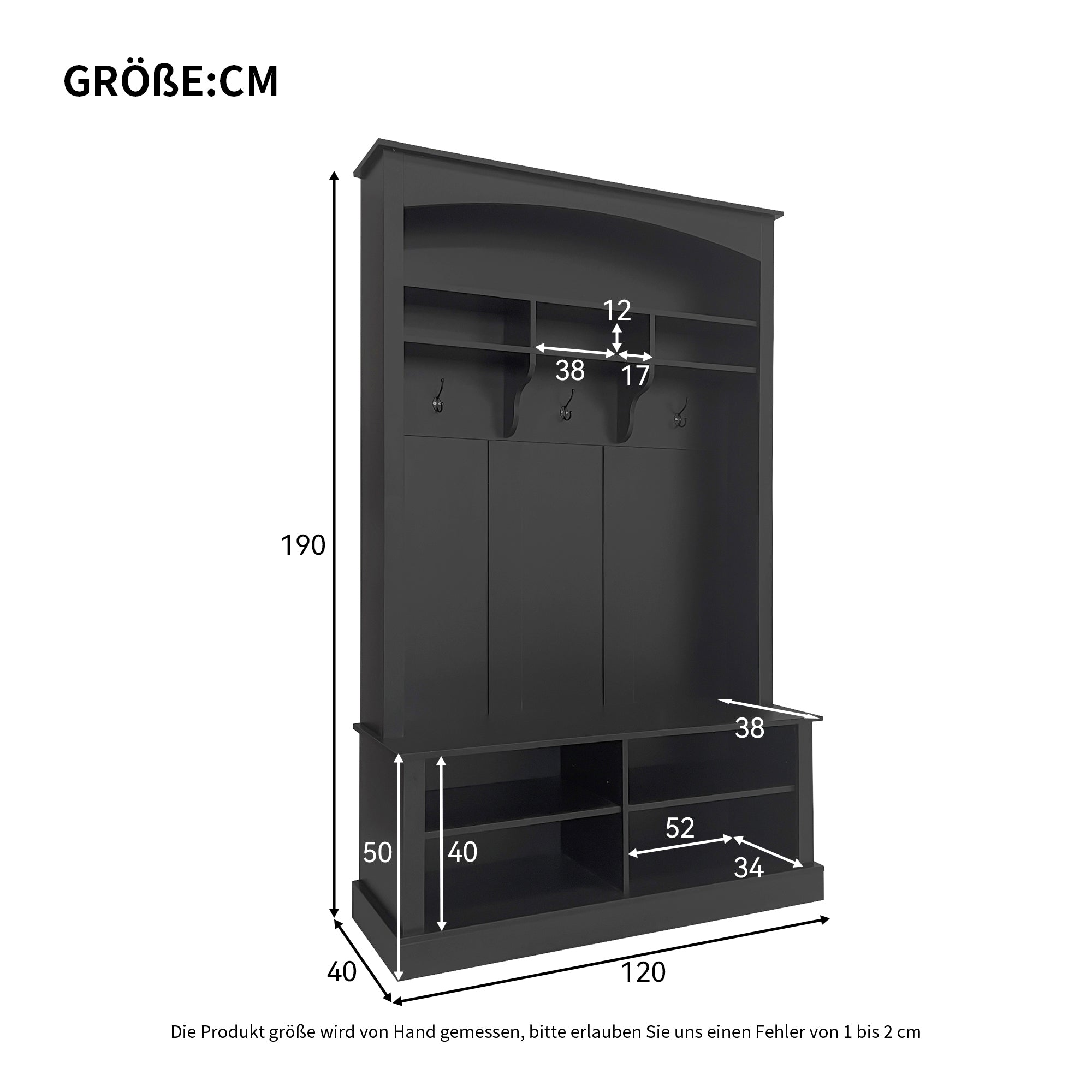 Wardrobe set with bench and shoe rack, multifunctional storage, black