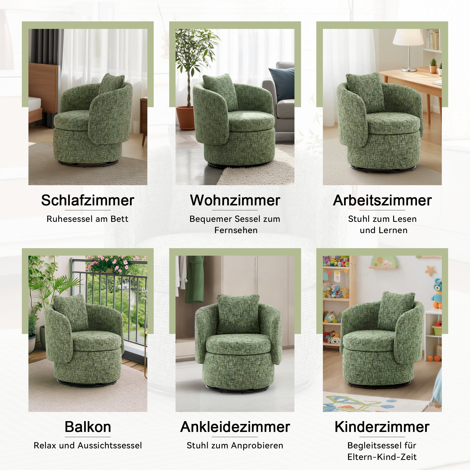 028 Swivel Armchair, 360° Rotating, Hidden Storage, Plump Back Cushion, Green