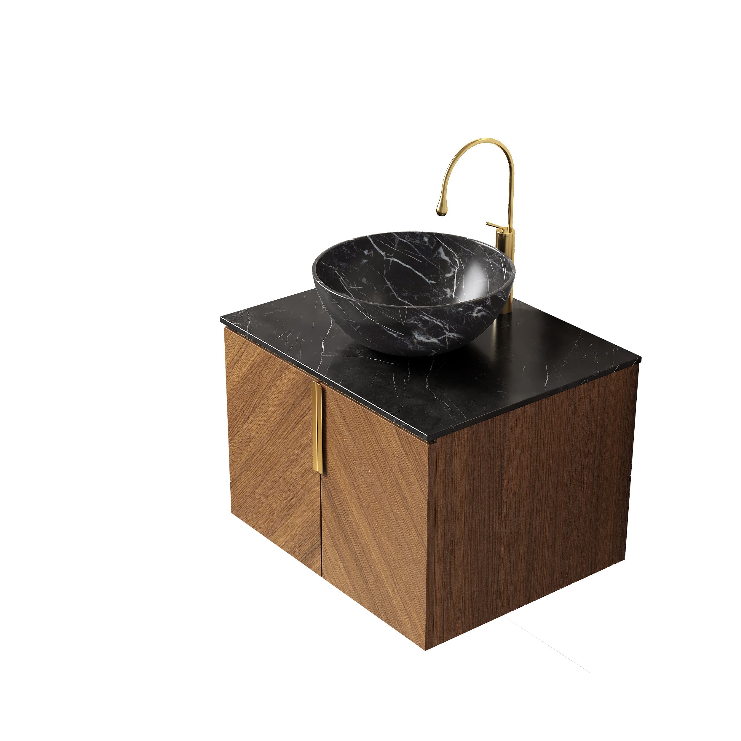 ARAI 61cm Wall Mount Bathroom Vanity with Black Bowl Ceramic Basin, Black Sintered Stone Countertop, Plywood Cabinet, Espresso Wood Grain