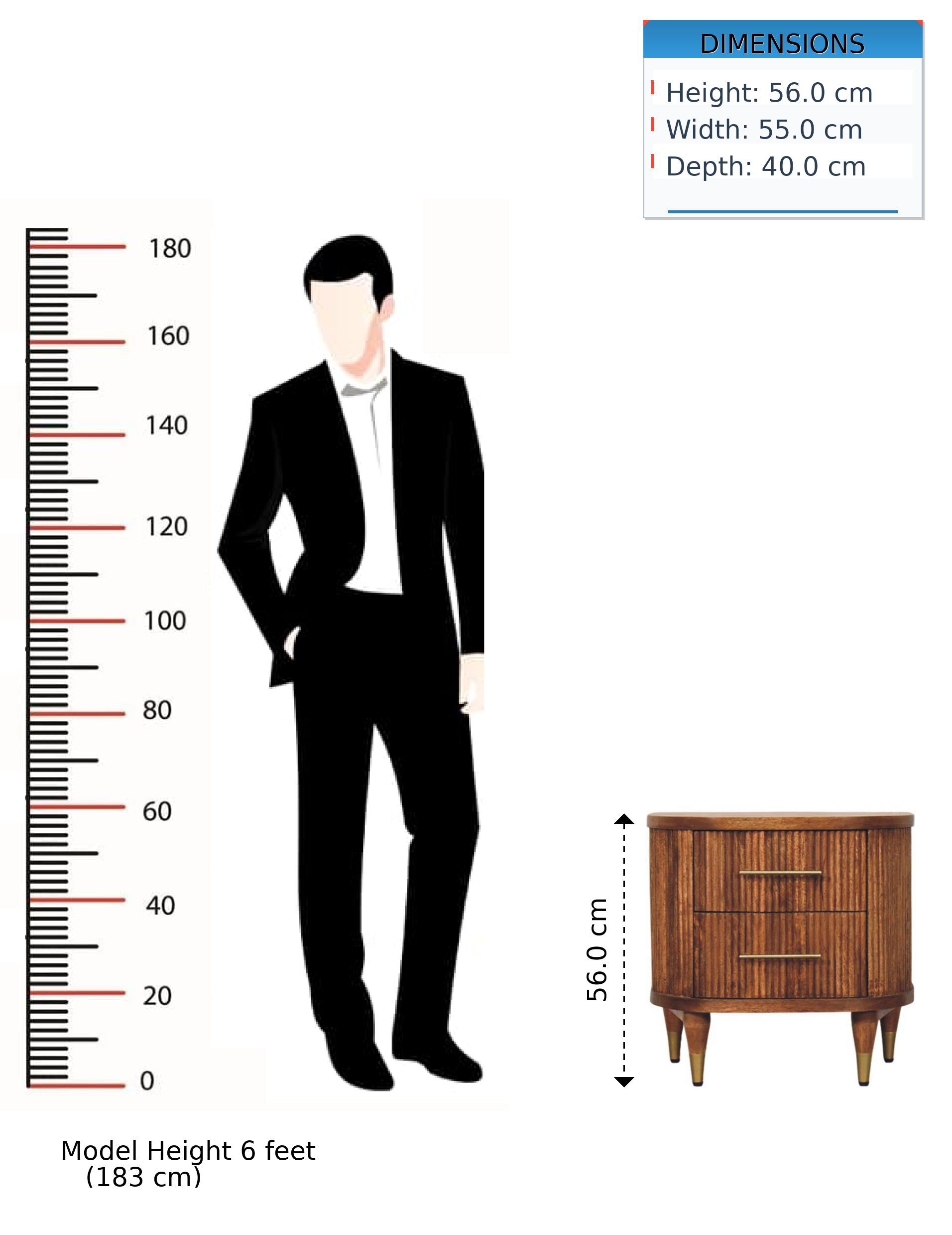 Ribbed Bedside Nightstand with Brass Accents in Mango Wood