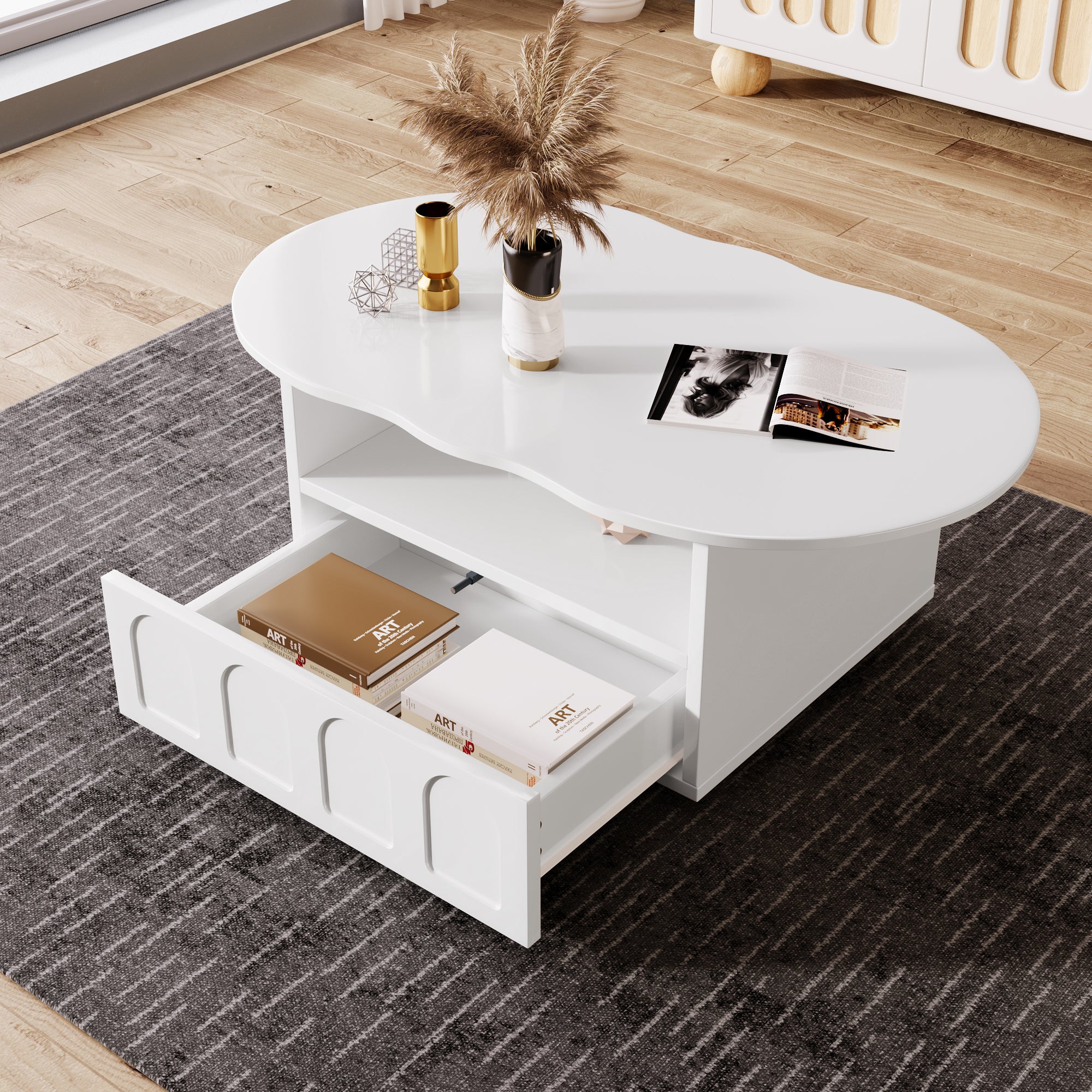 Coffee table, cloud-shaped with drawers and storage compartments