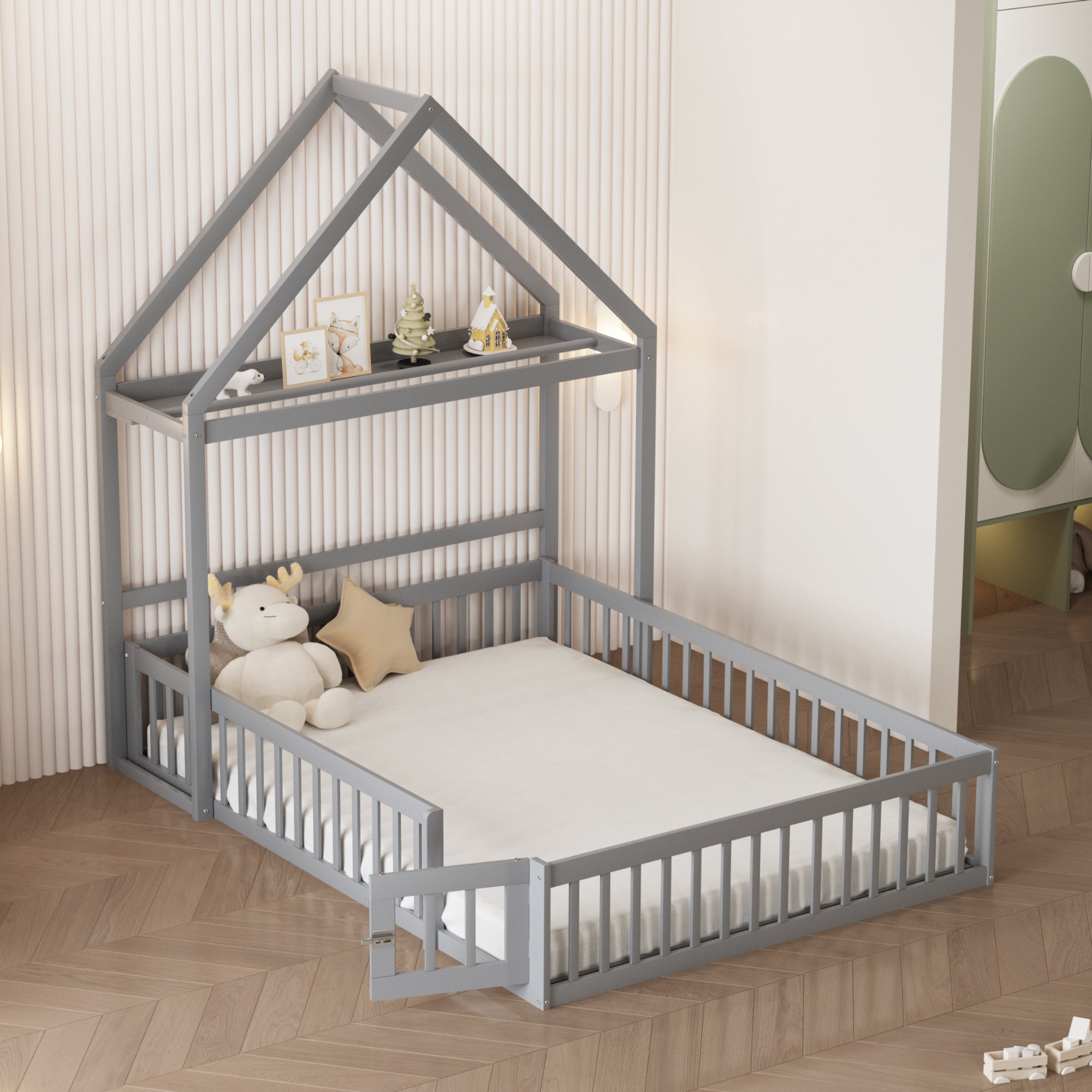 Children's Bed, 140x200 Solid Wood with Storage, Full Safety Gate & Slatted Frame, Grey