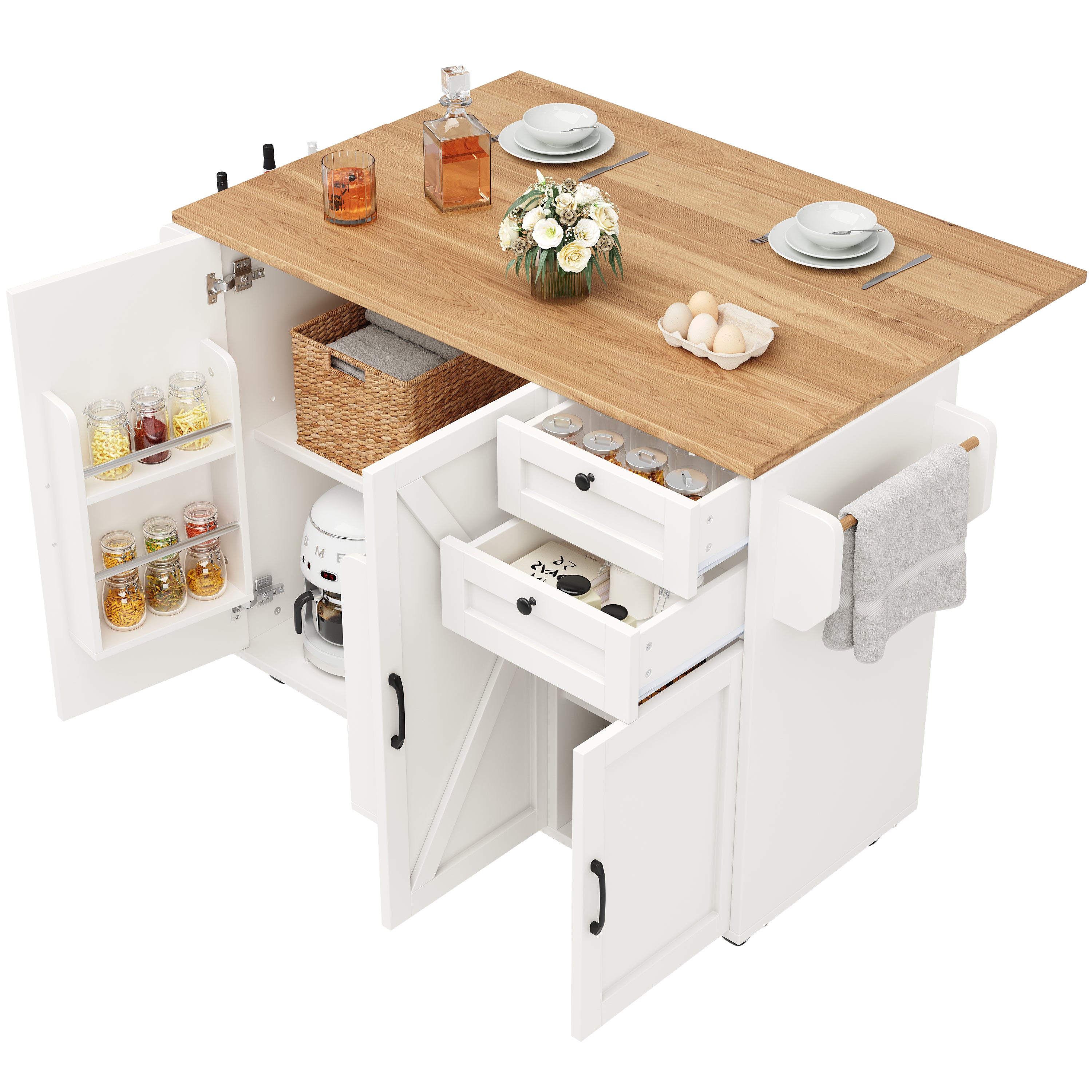 Kitchen Island Sideboard Multifunctional Dining Table Storage Wood Grain - White