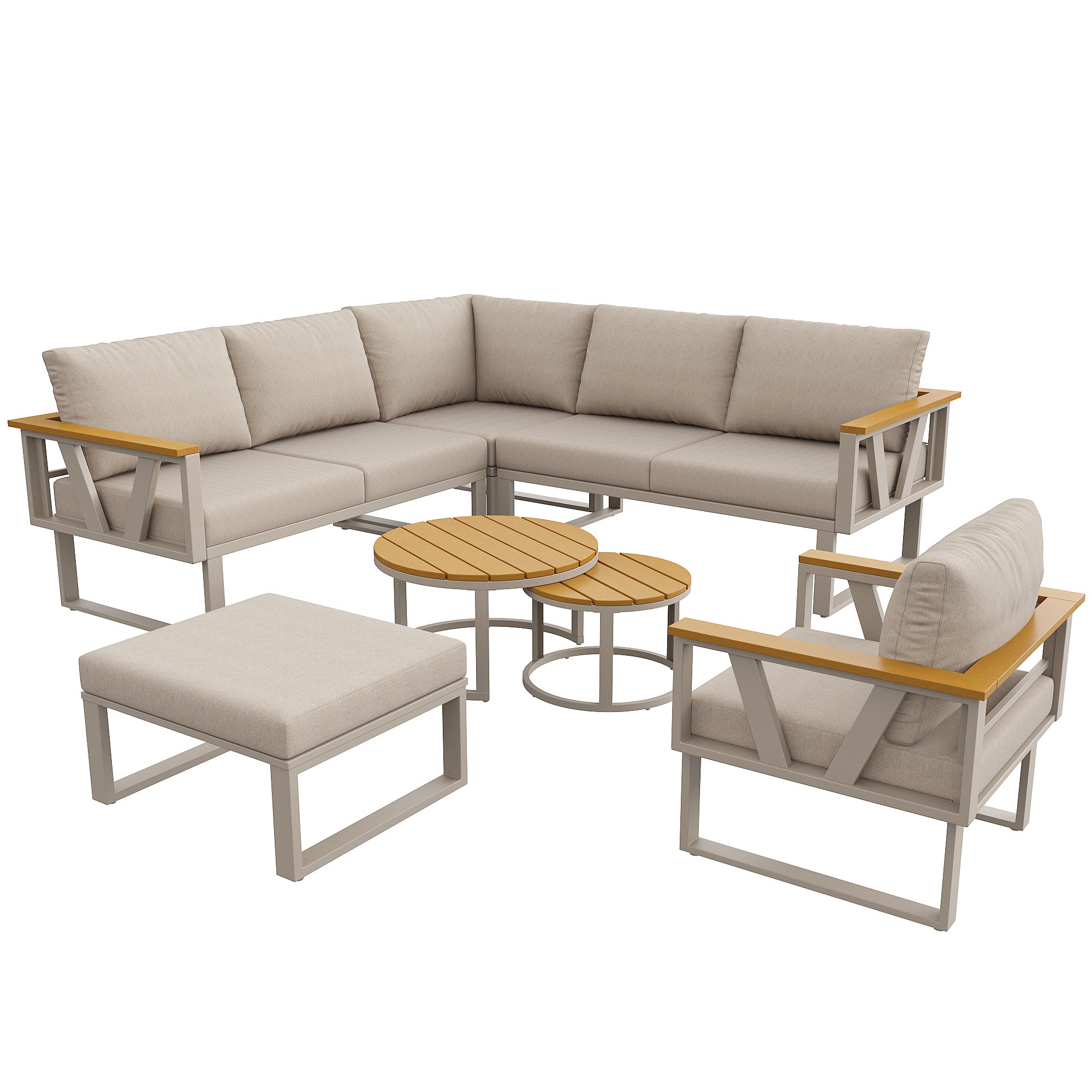 Modular Outdoor Seating Set with 9cm Cushions and 2 Wooden Tables, Grey and Beige