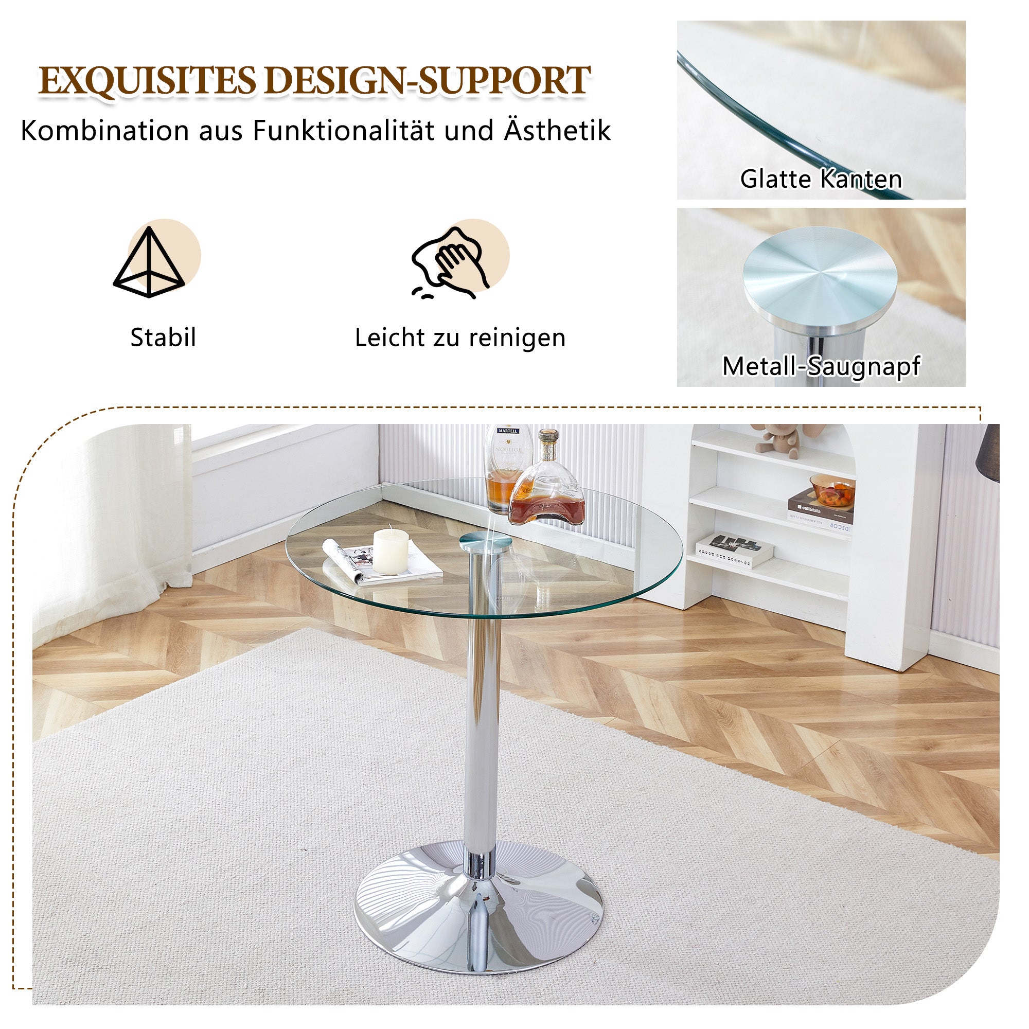 Flexible Bar Set: Round Glass Table 89 cm + 2 Bar Stools, Gold-Colored Legs