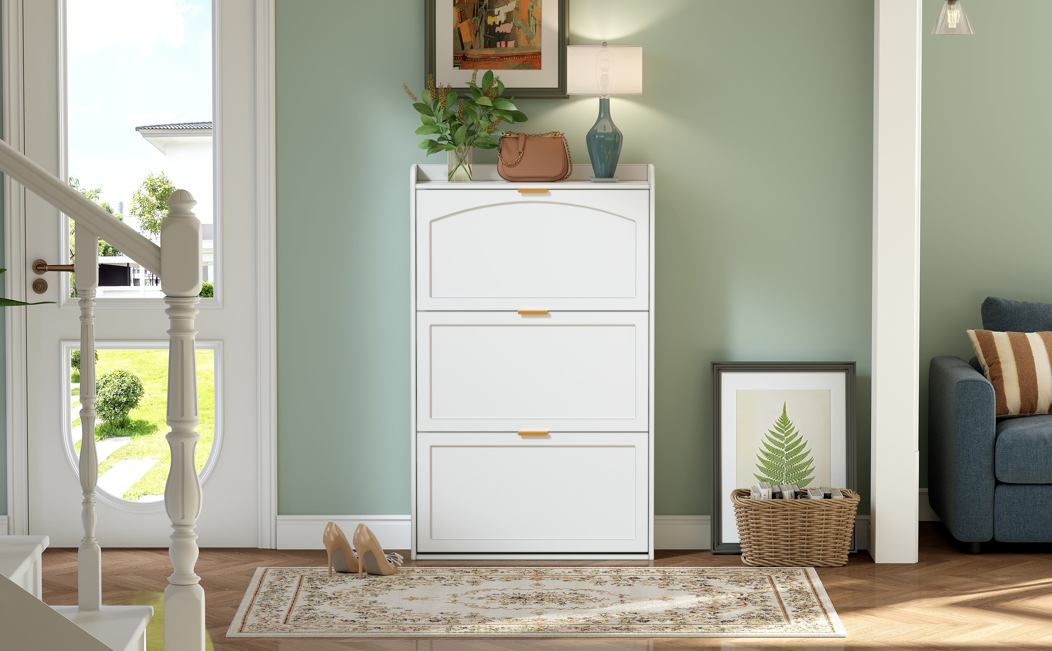 Narrow Shoe Cabinet, 3 Flaps Shoe Cupboard, White Particleboard
