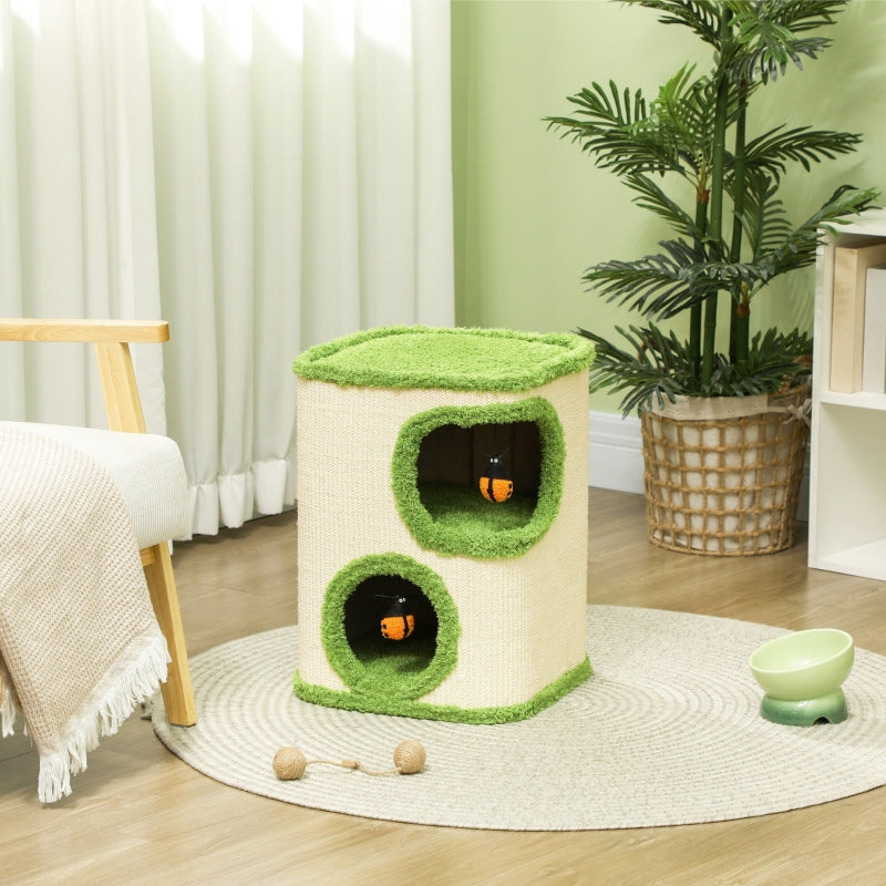 Cat Scratching Tower, 52cm, Cat Cave, Plush, Green/Cream White