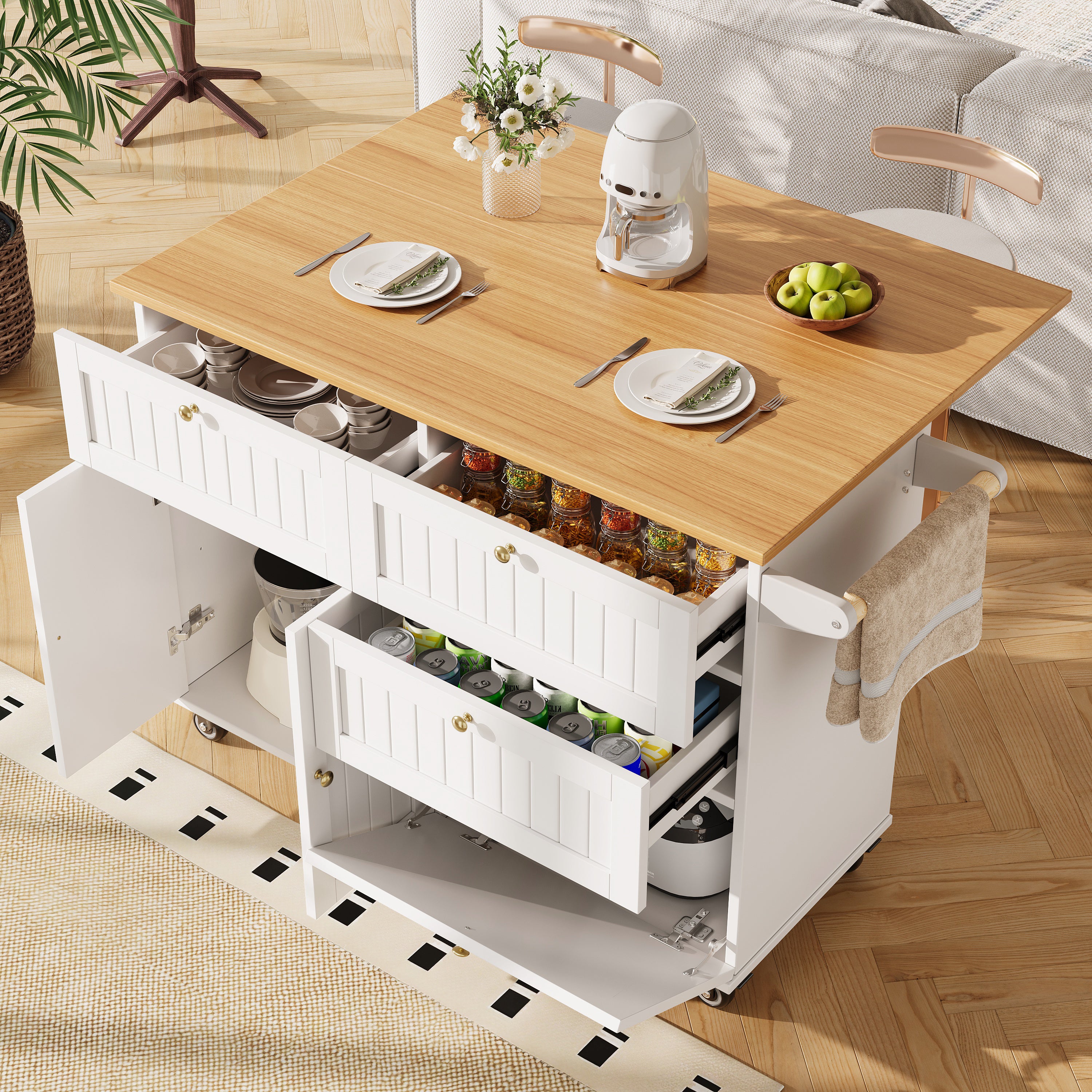 Modern Kitchen Island Extendable Dining Table Storage & Mobile - White