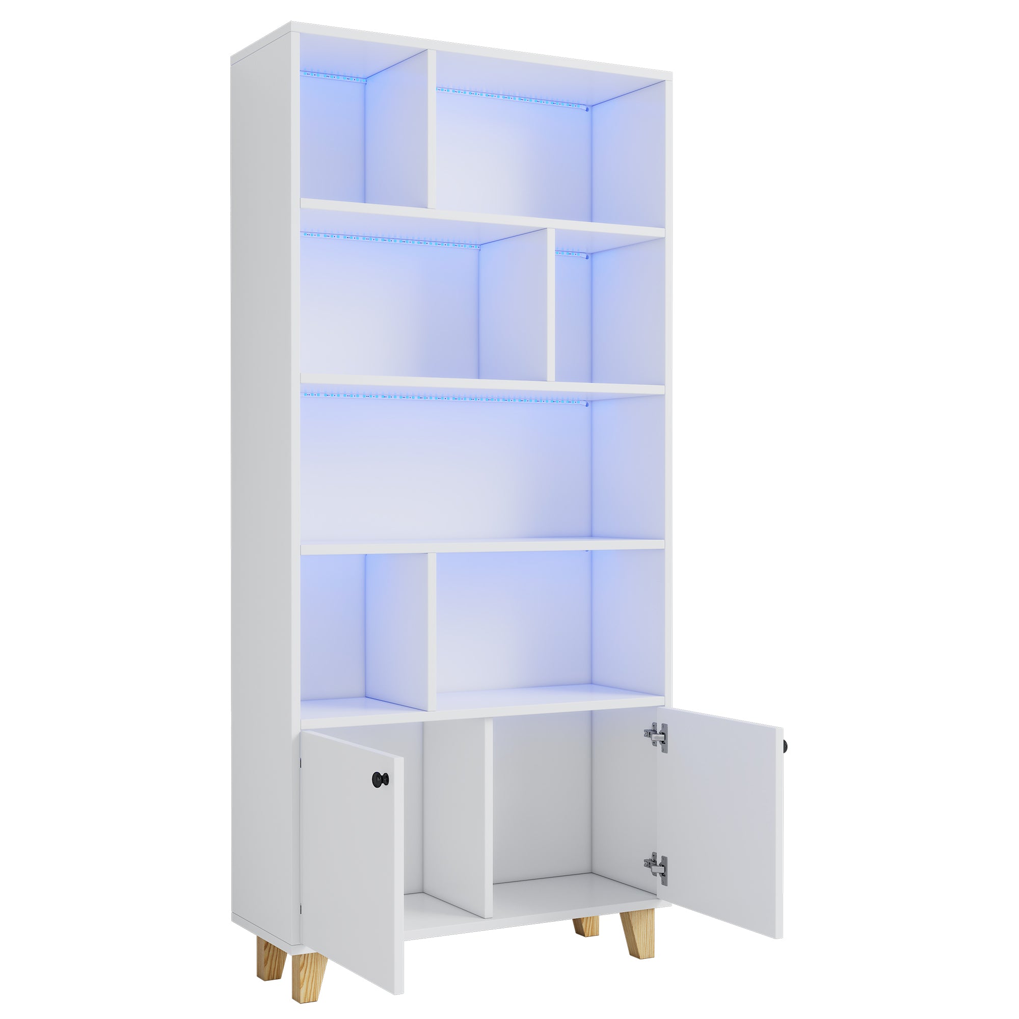 Bookshelf with Solid Wood Legs and LED Ambient Light, White