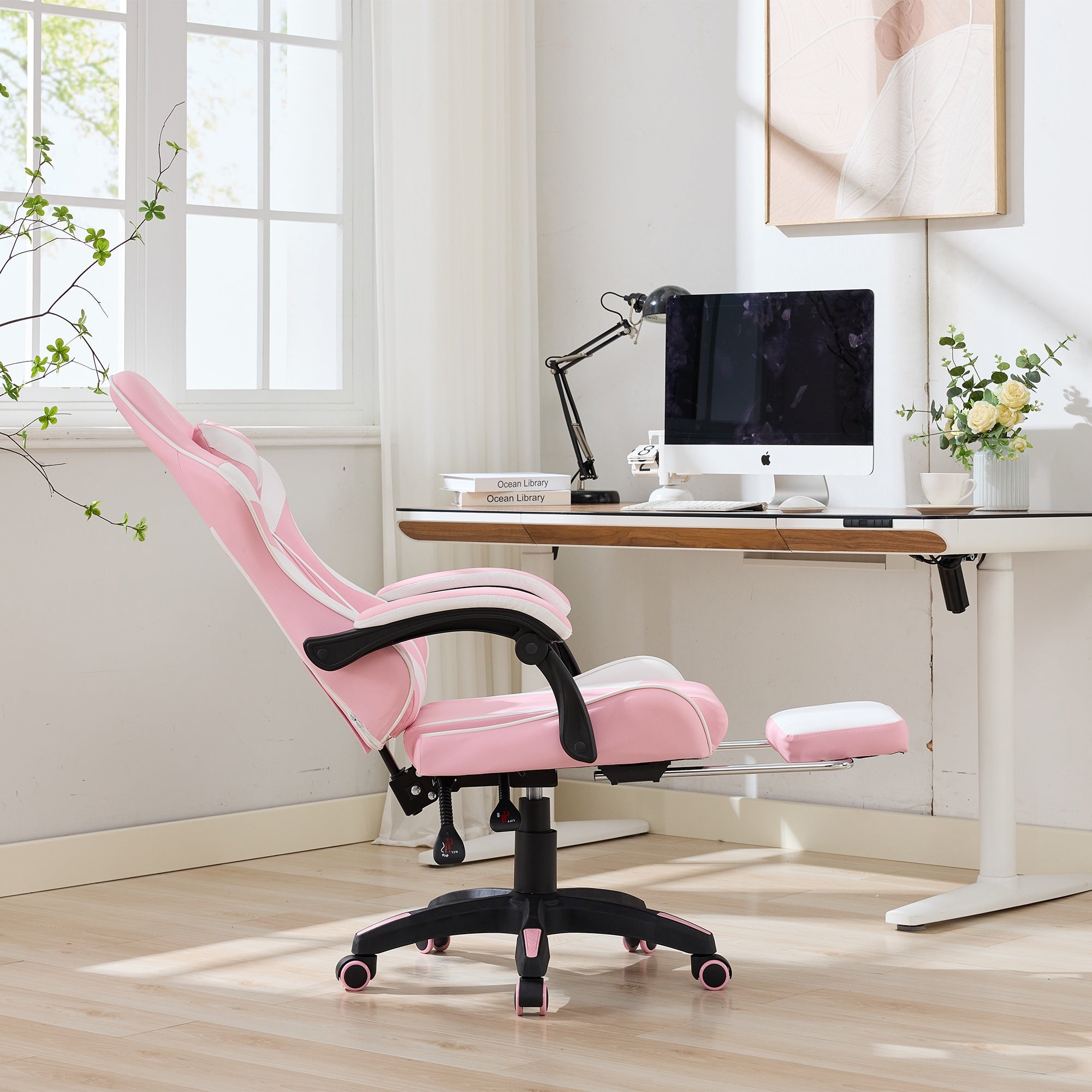Gaming Chair 360° Swivel Ergonomic Racing High-Back Adjustable with Footrest and Lumbar Support – White & Pink Leather