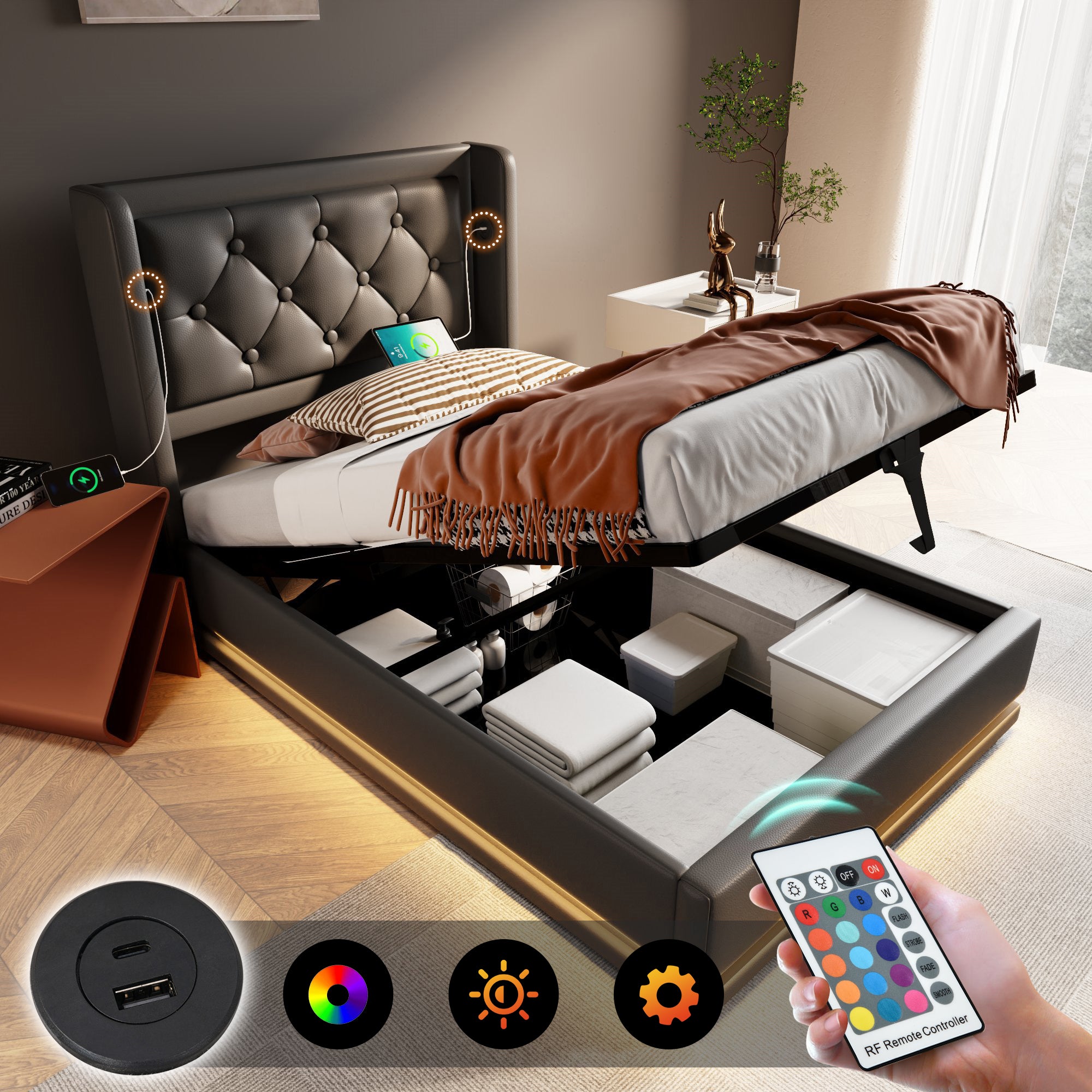 Upholstered Single Bed 90x200cm Hydraulic Storage USB-C LED Headboard, Black PU